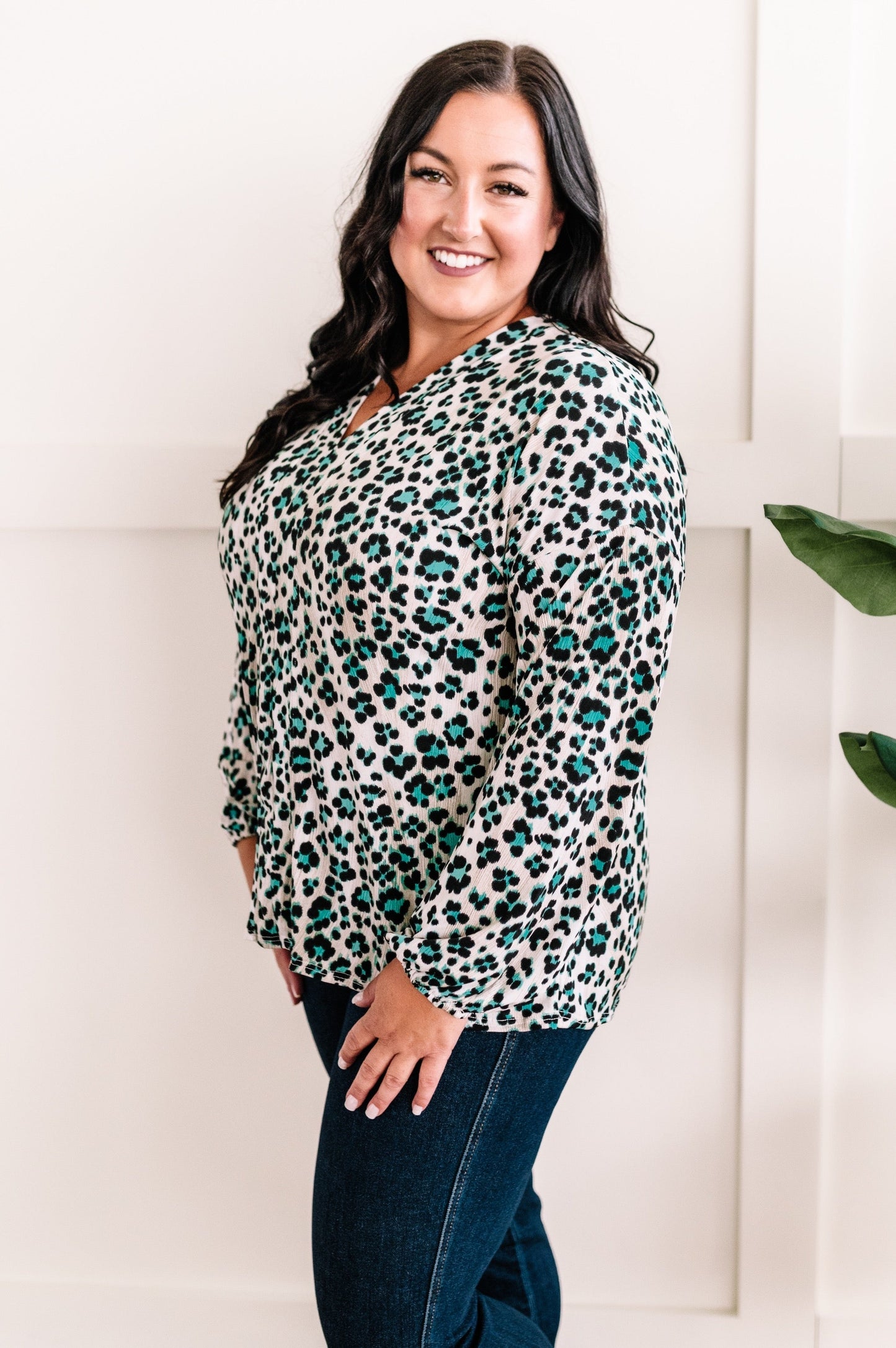 V Neck Top In Jade Animal Print