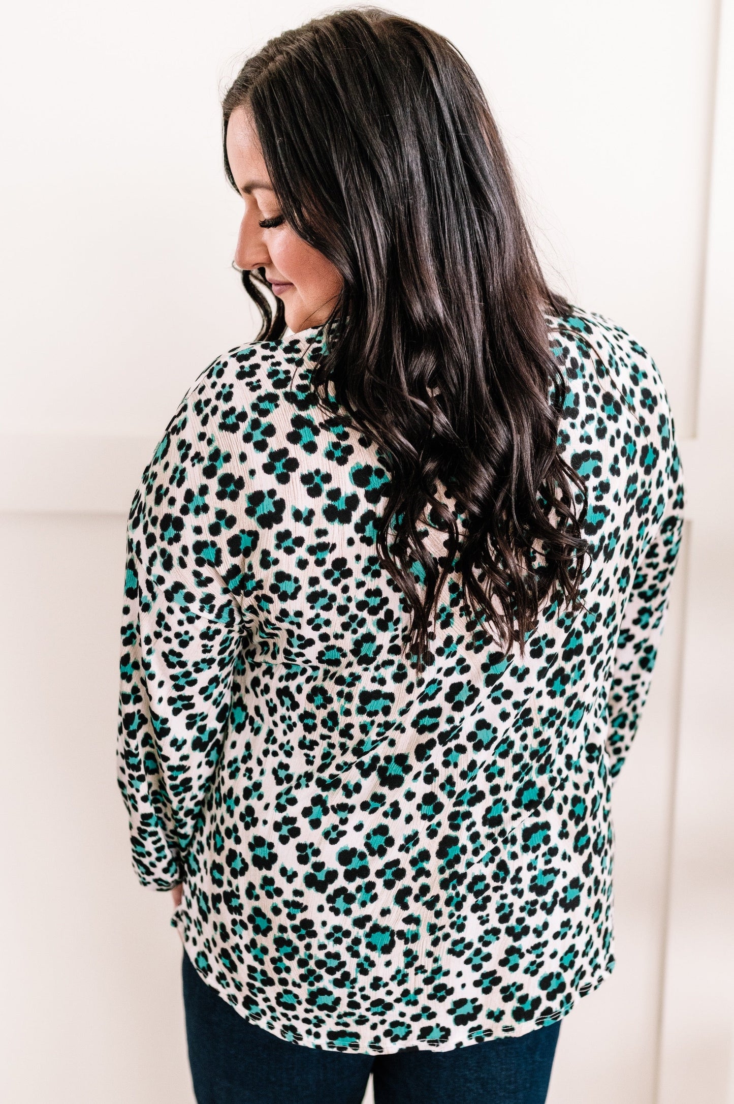 V Neck Top In Jade Animal Print