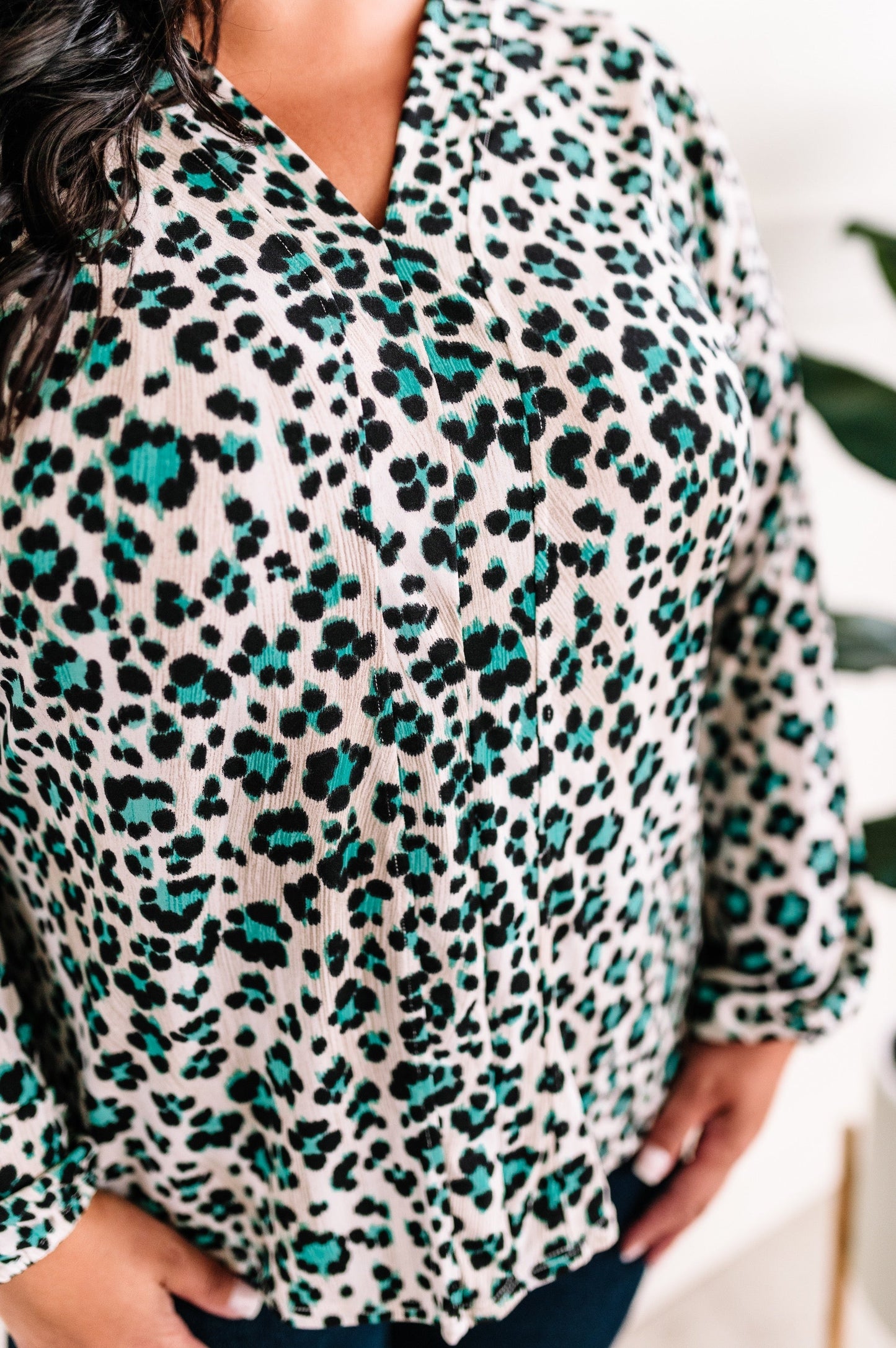 V Neck Top In Jade Animal Print