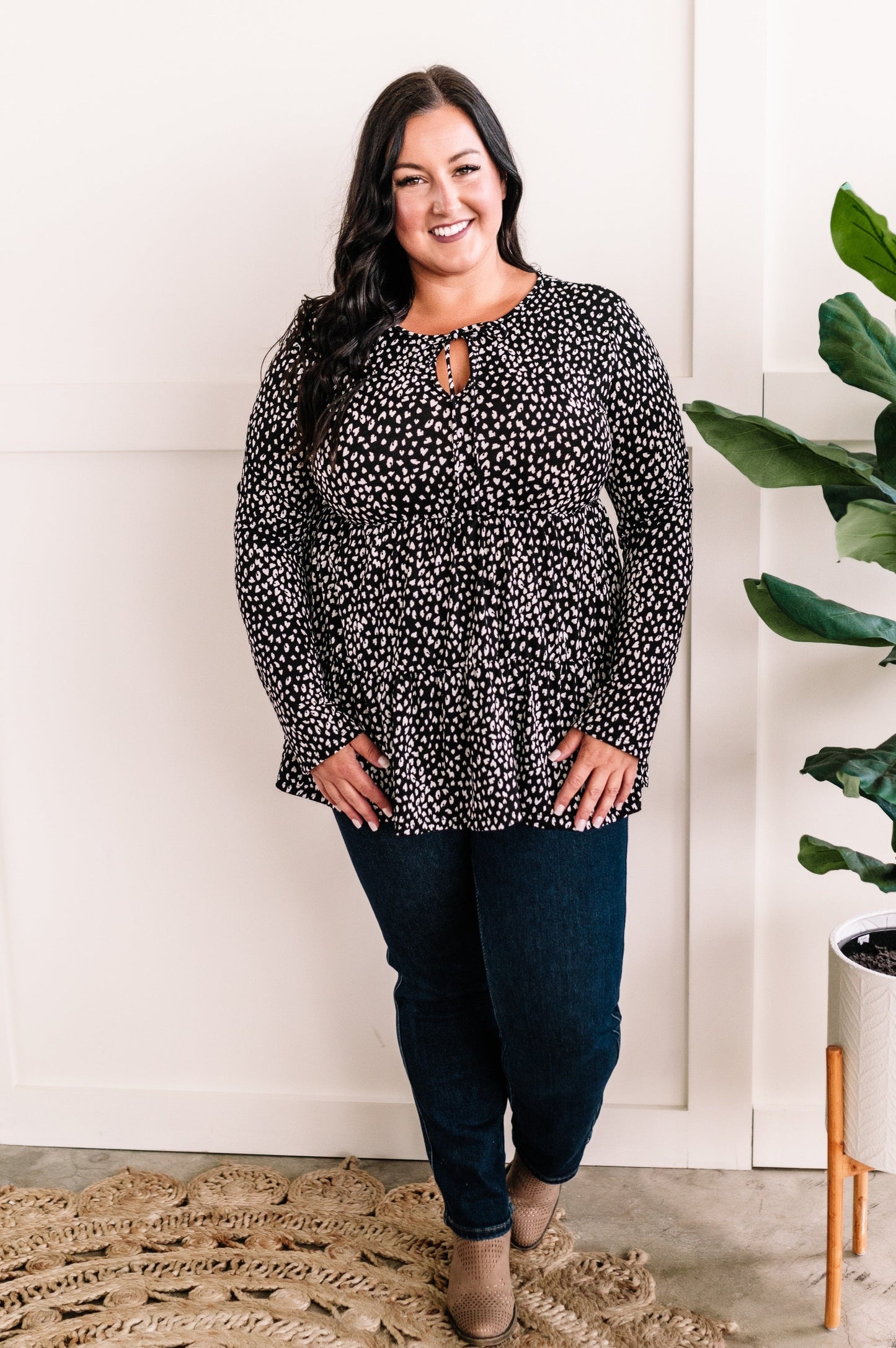 Tie Front Tiered Top In Black & White Animal Print