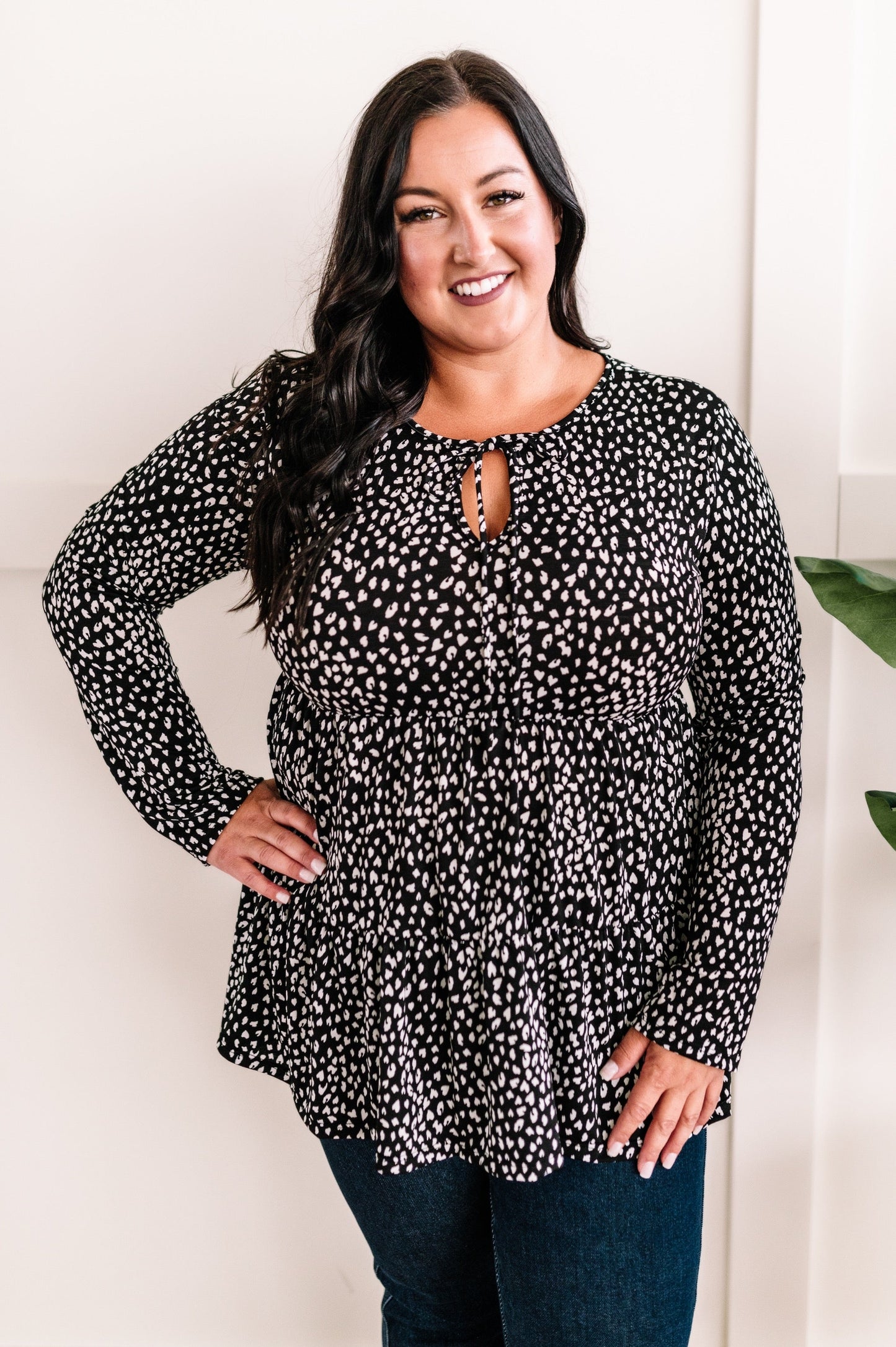 Tie Front Tiered Top In Black & White Animal Print