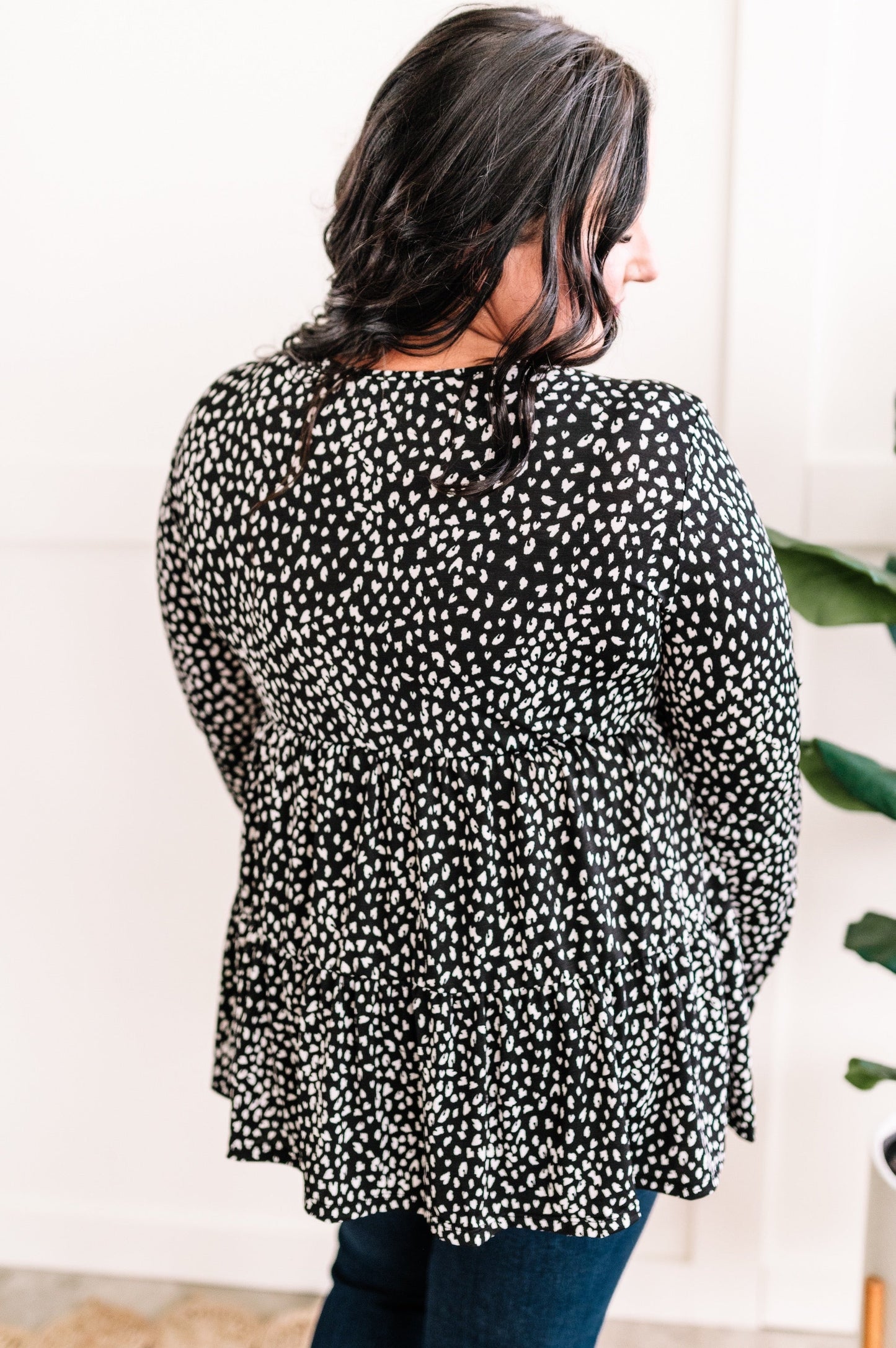 Tie Front Tiered Top In Black & White Animal Print