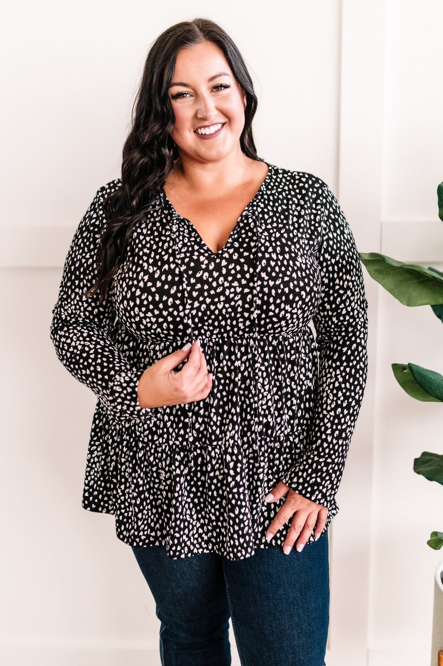 Tie Front Tiered Top In Black & White Animal Print