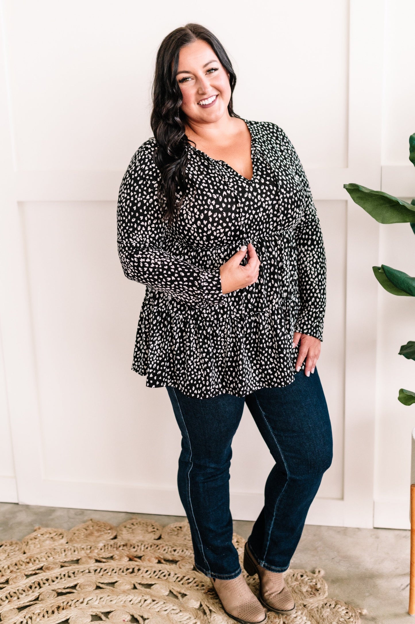 Tie Front Tiered Top In Black & White Animal Print