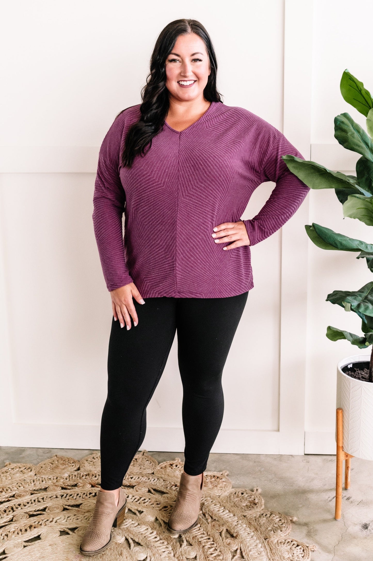 V Neck Drop Shoulder Knit Top In Textured Purple