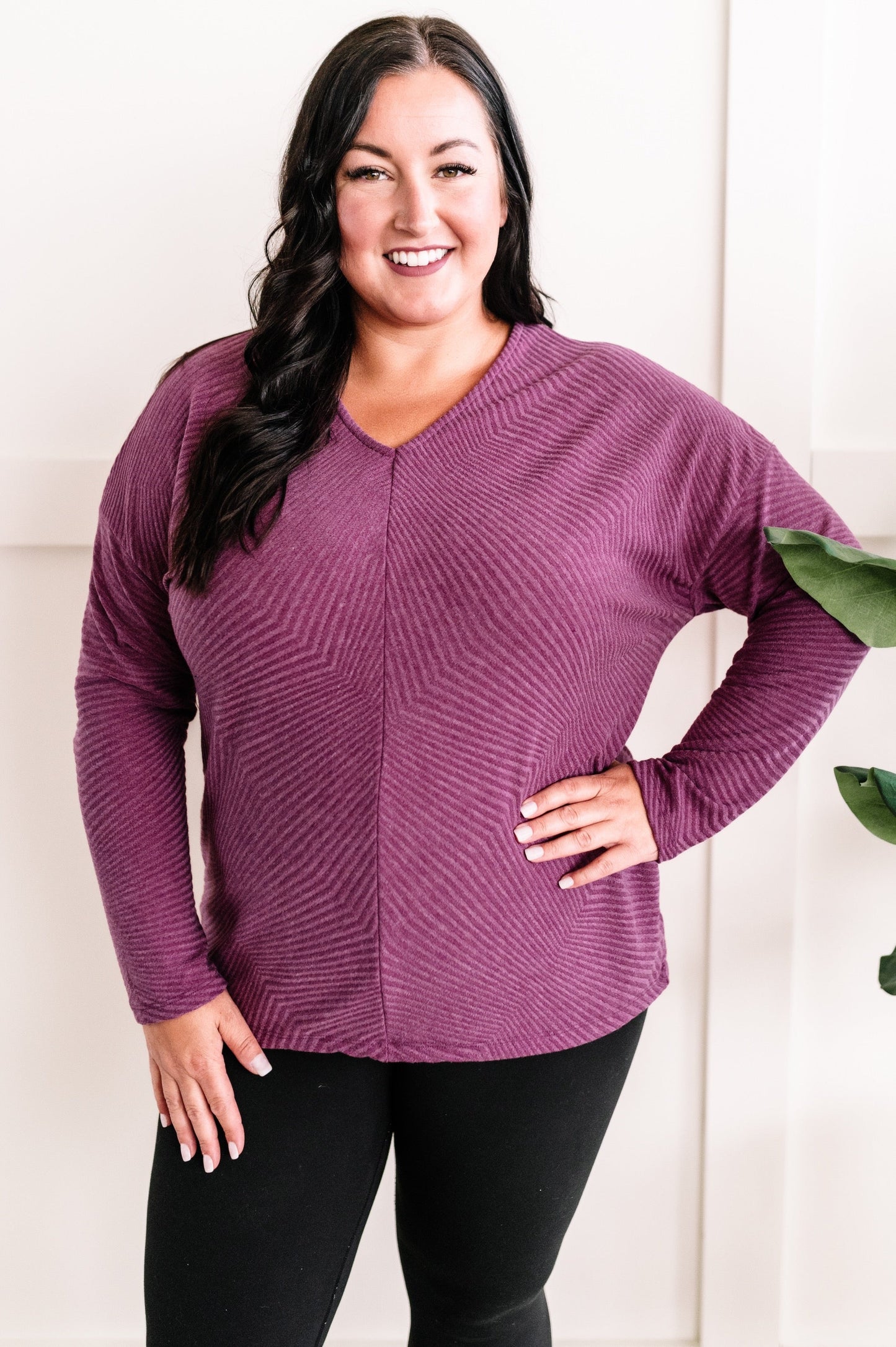 V Neck Drop Shoulder Knit Top In Textured Purple