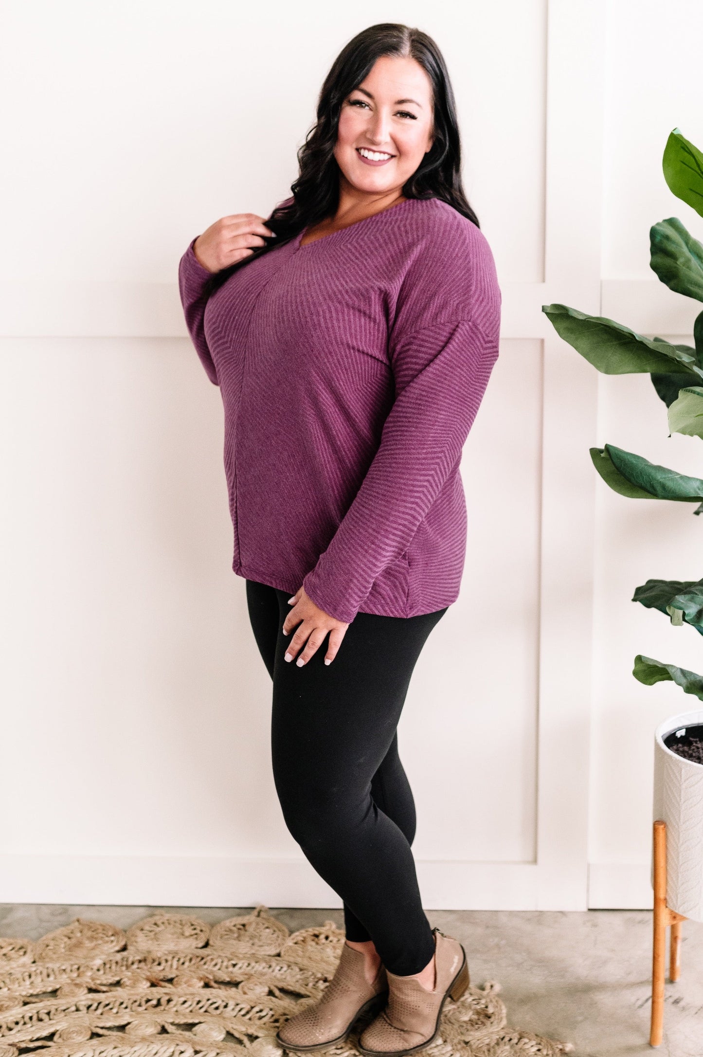 V Neck Drop Shoulder Knit Top In Textured Purple