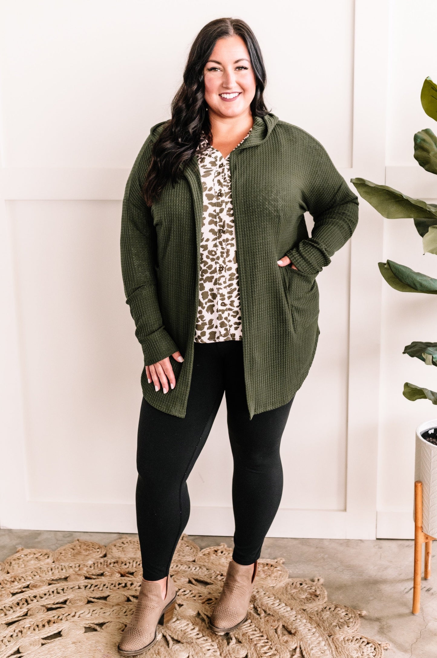 Animal Print Button Detail Blouse In Olive