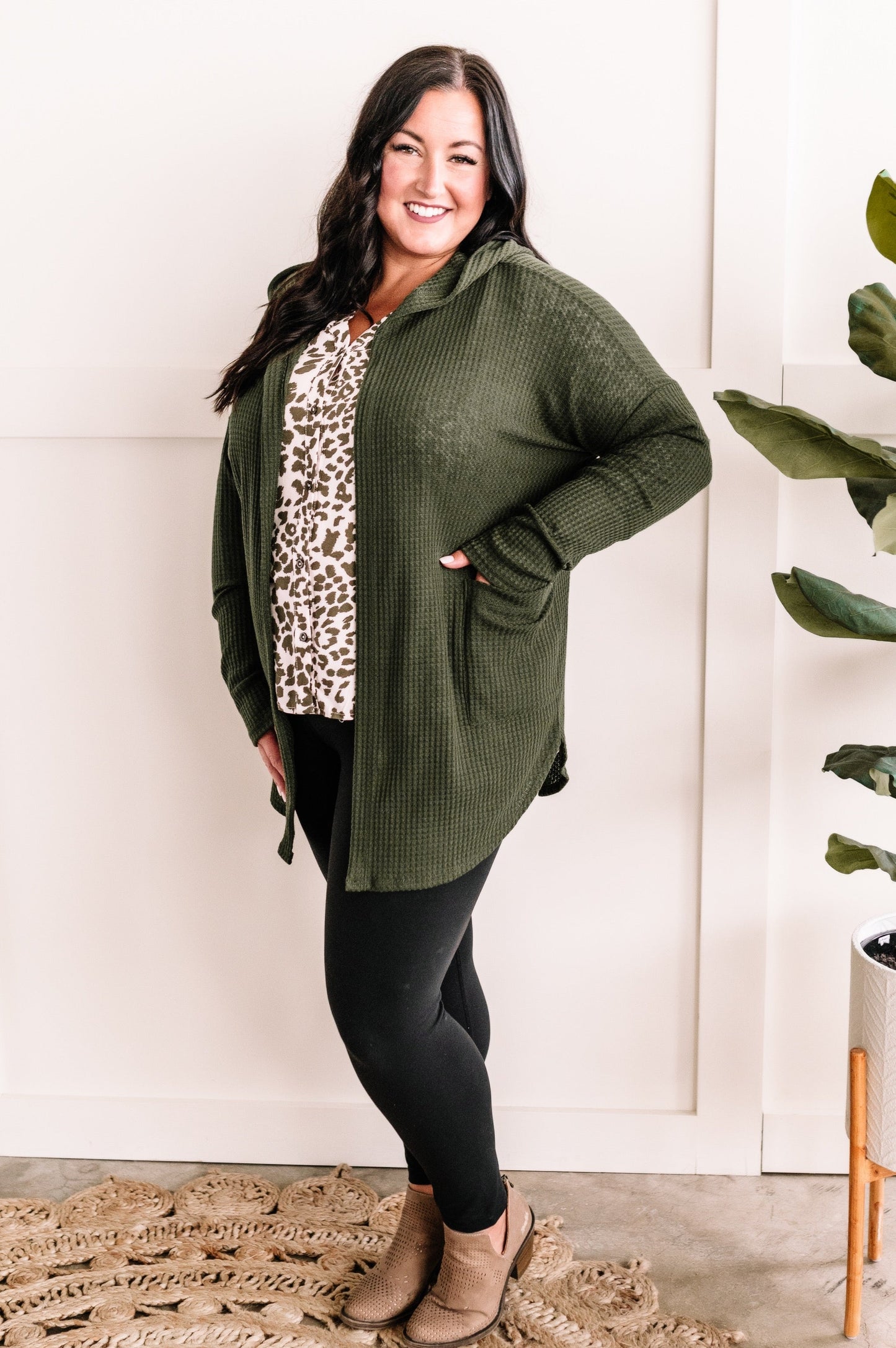 Animal Print Button Detail Blouse In Olive