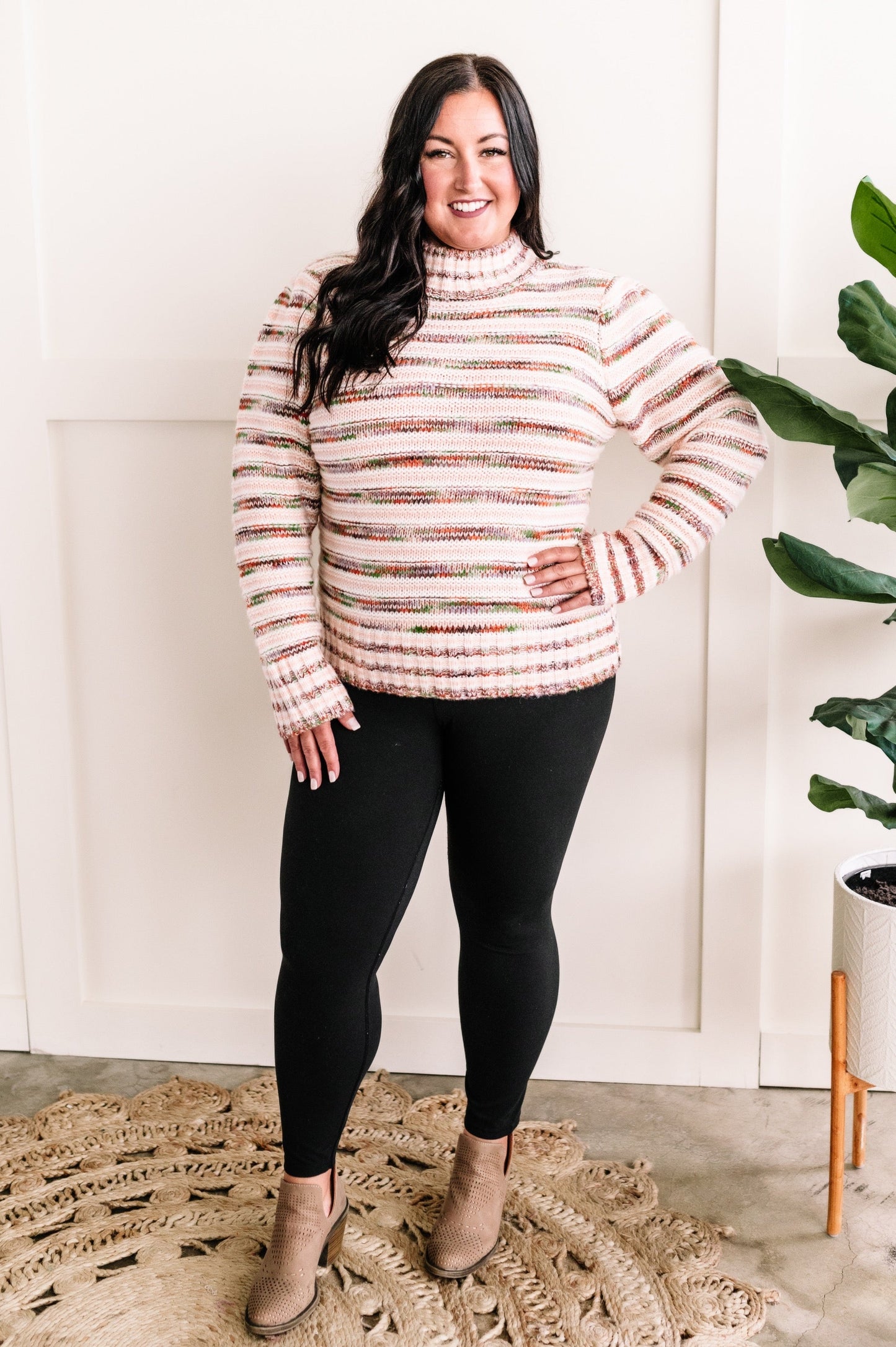 Mock Neck Knit Sweater In Multi Color Stripes