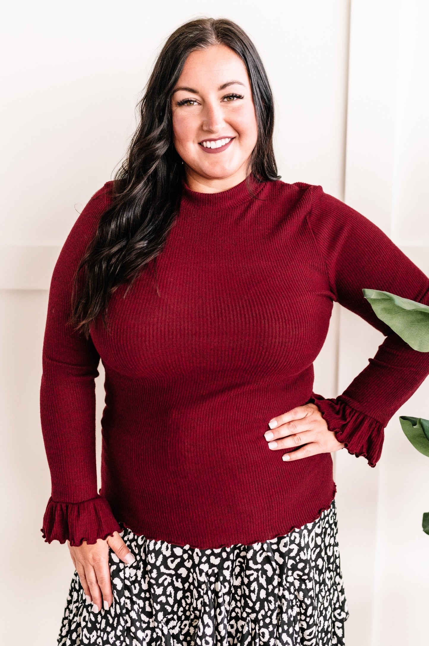 Mock Neck Bell Sleeve Knit Top In Heathered Burgundy