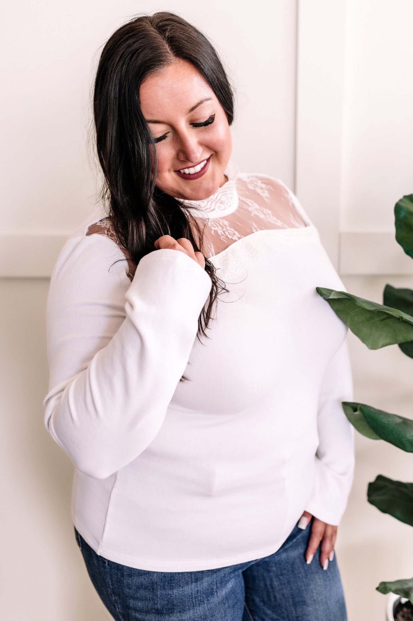 Mock Neck Lace Detailed Top In Fresh White