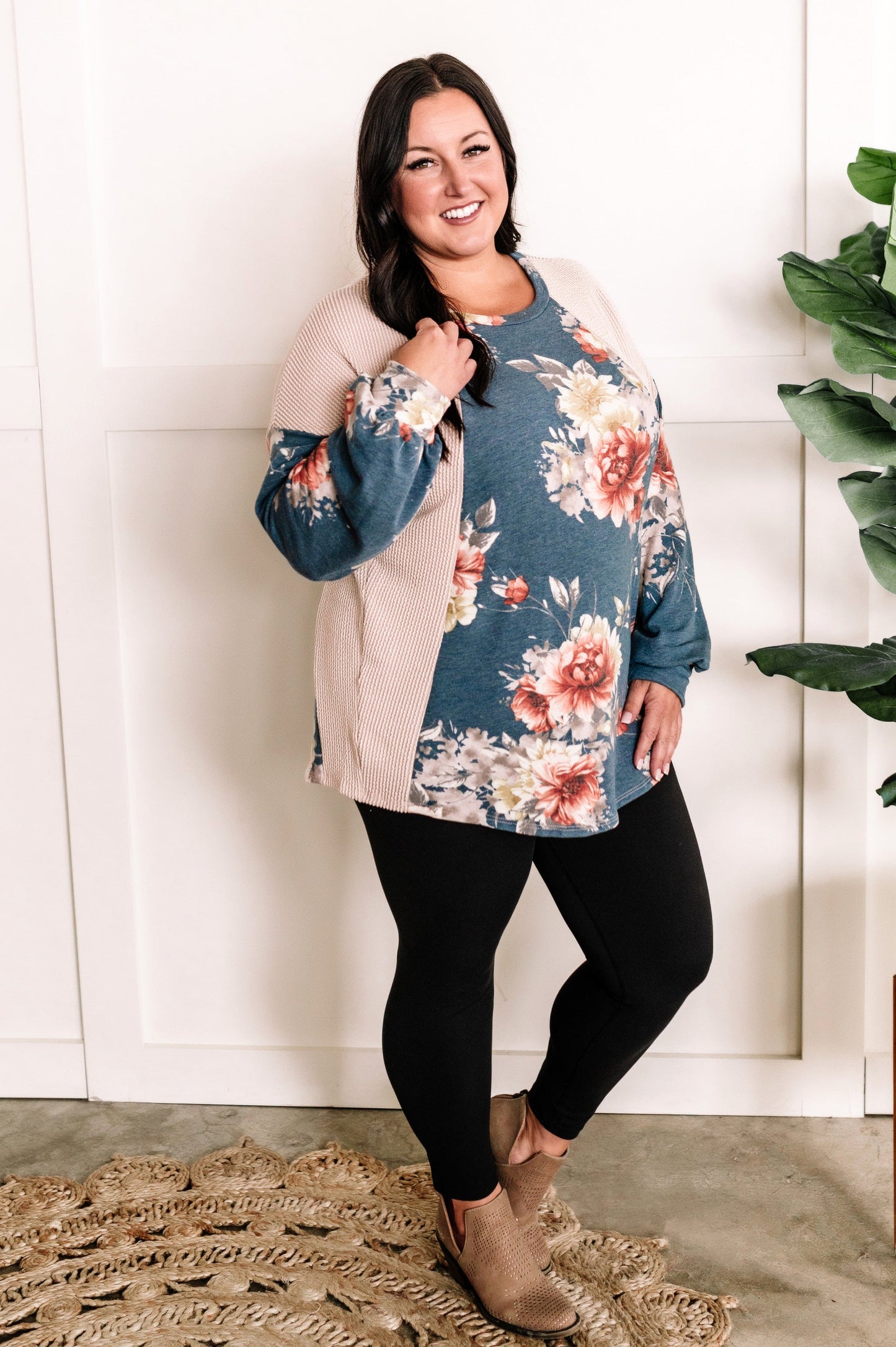 Long Sleeve Color Block Top In Cream With Blue Florals