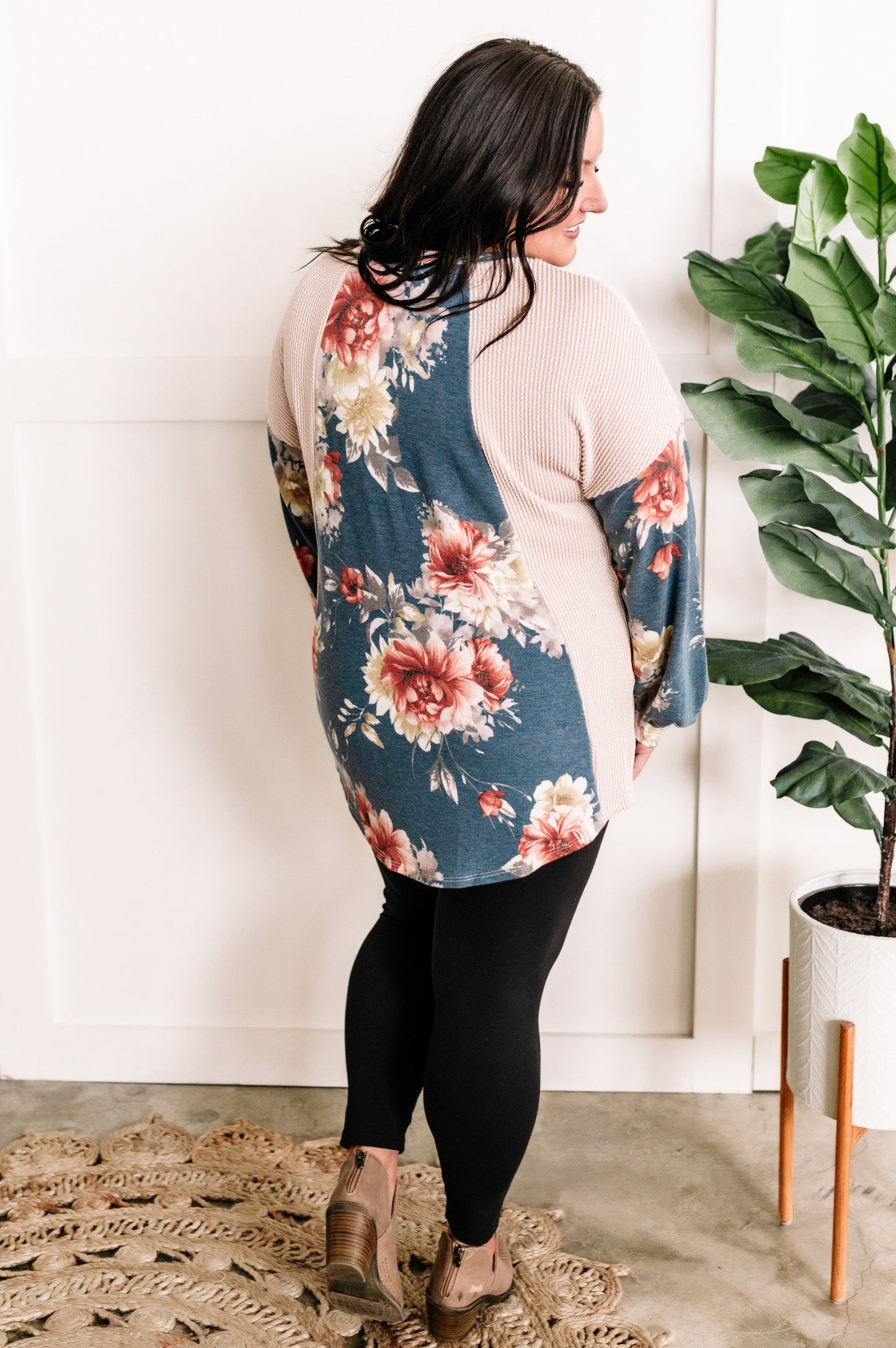 Long Sleeve Color Block Top In Cream With Blue Florals