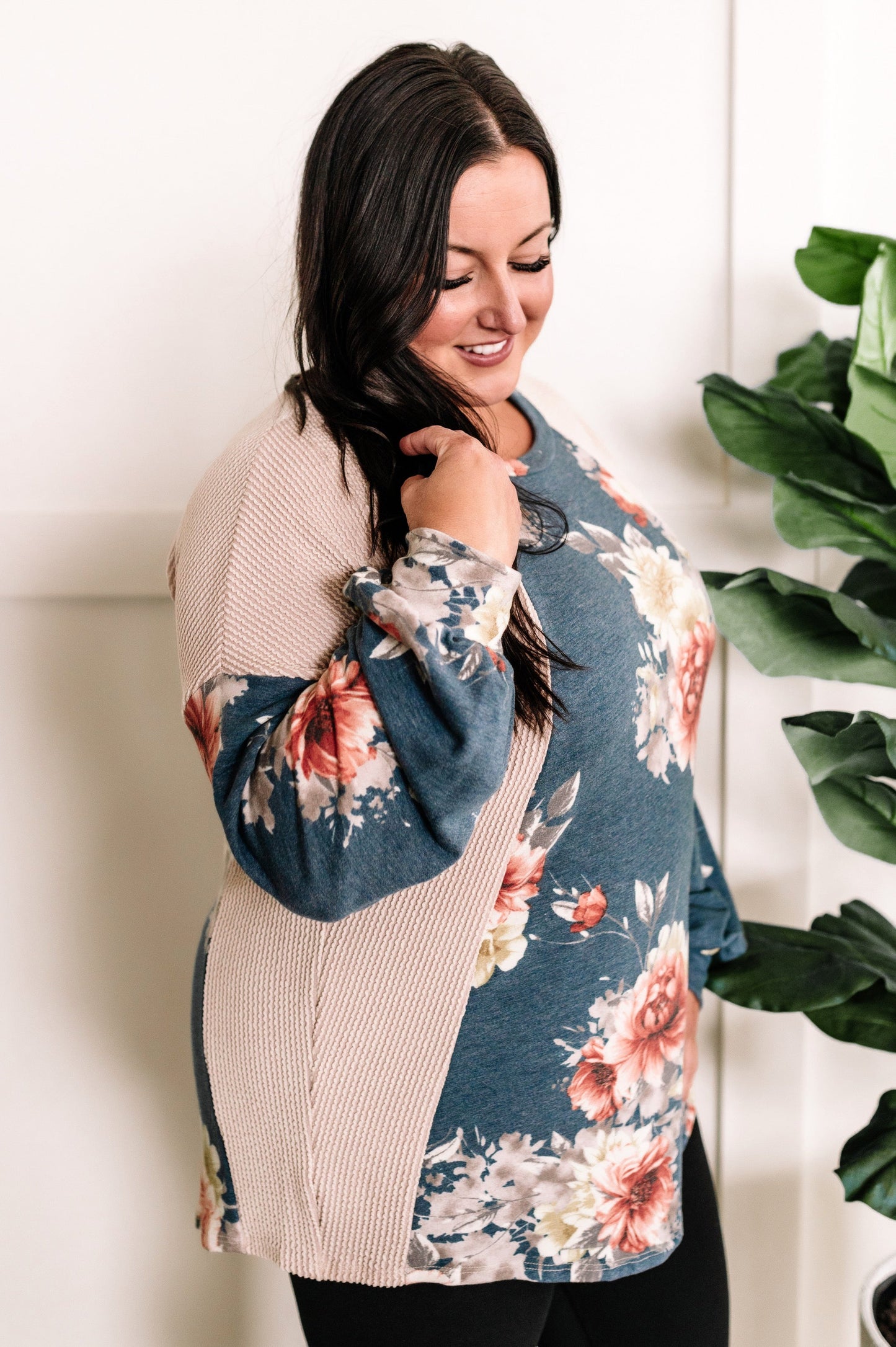 Long Sleeve Color Block Top In Cream With Blue Florals