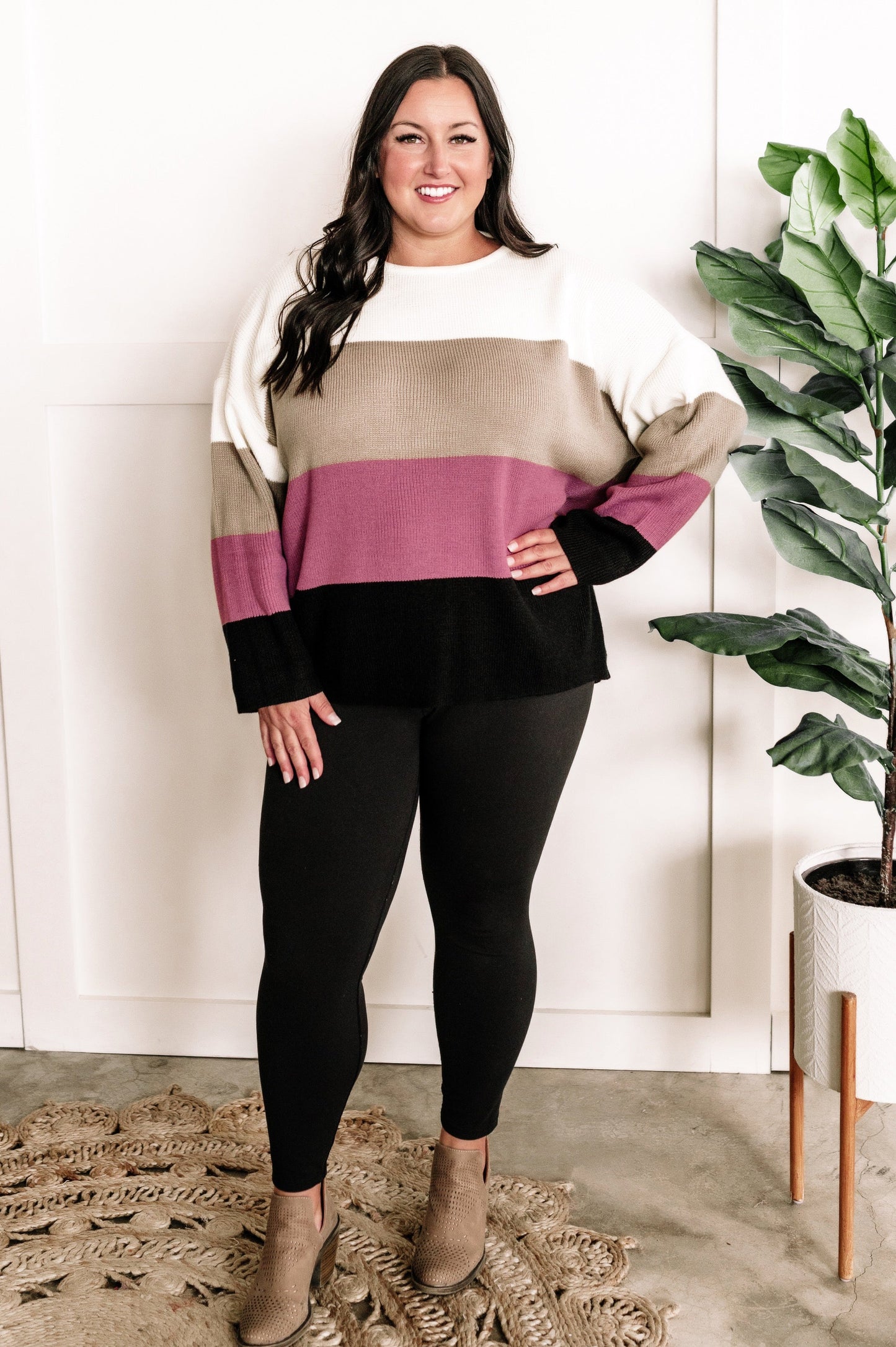 Ivory, Mocha, Berry, & Black Cozy Color Block Sweater