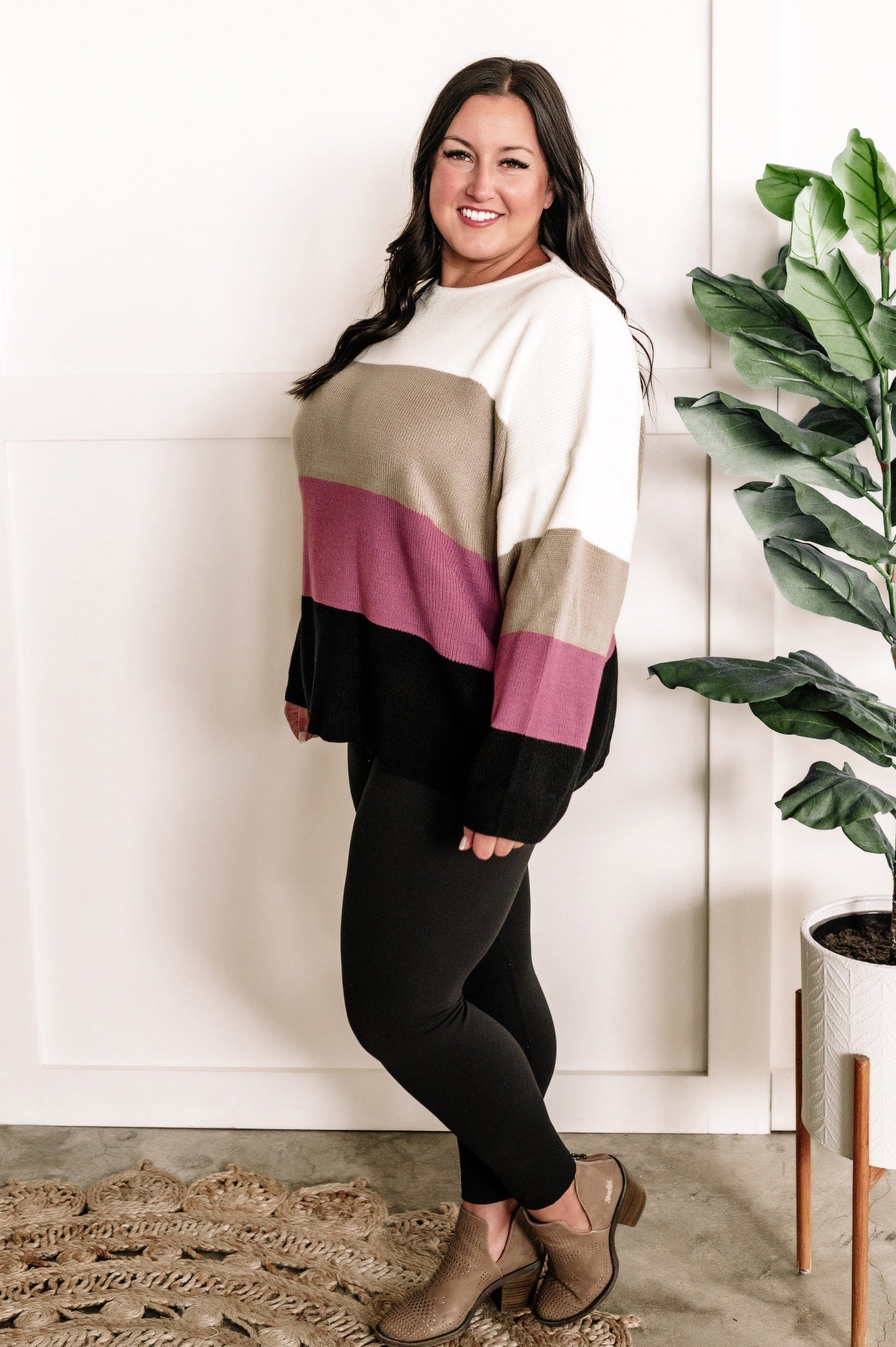 Ivory, Mocha, Berry, & Black Cozy Color Block Sweater