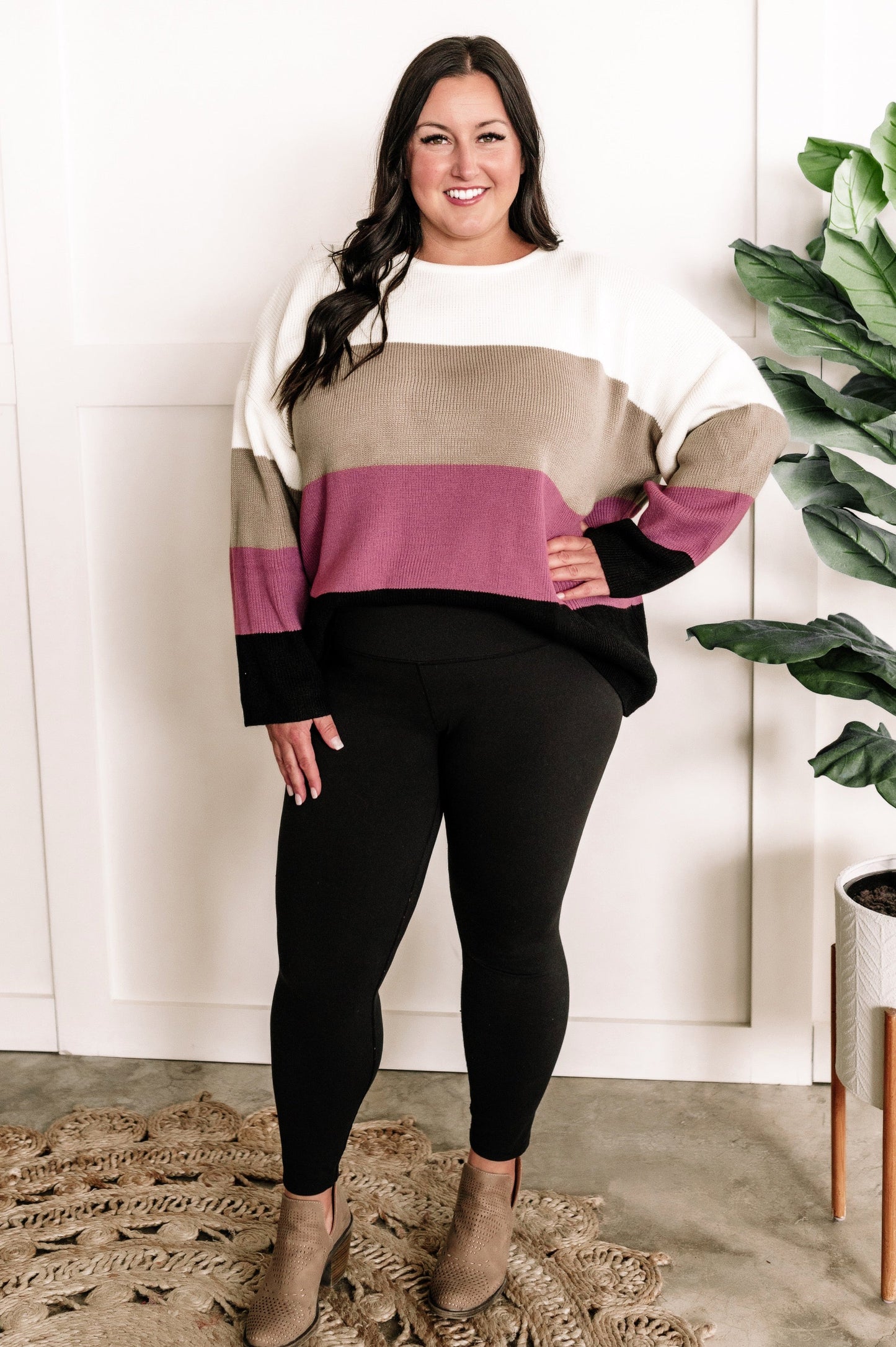 Ivory, Mocha, Berry, & Black Cozy Color Block Sweater