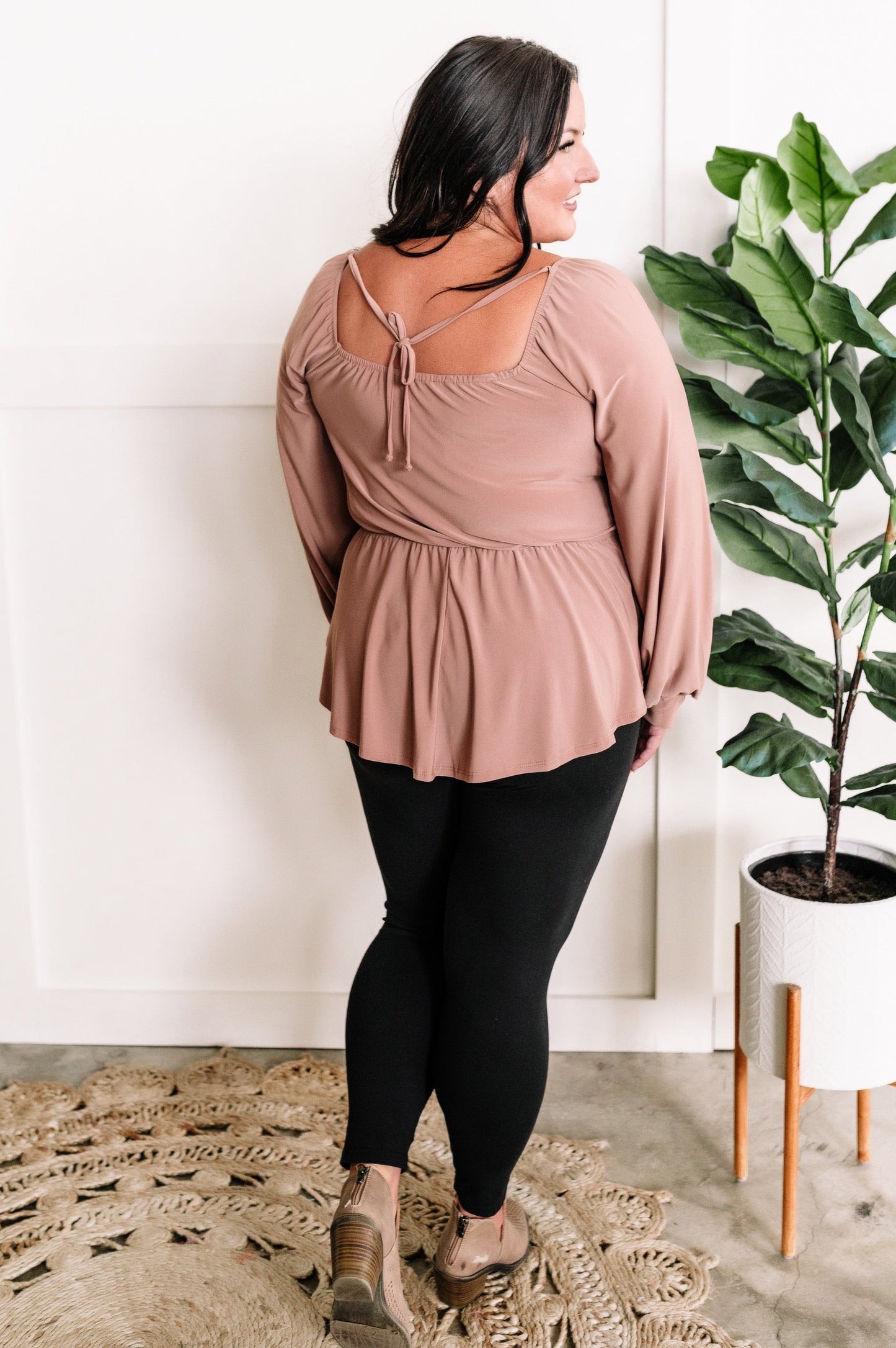 Stretchy Square Neckline Top With Tie Back Detail In Beige