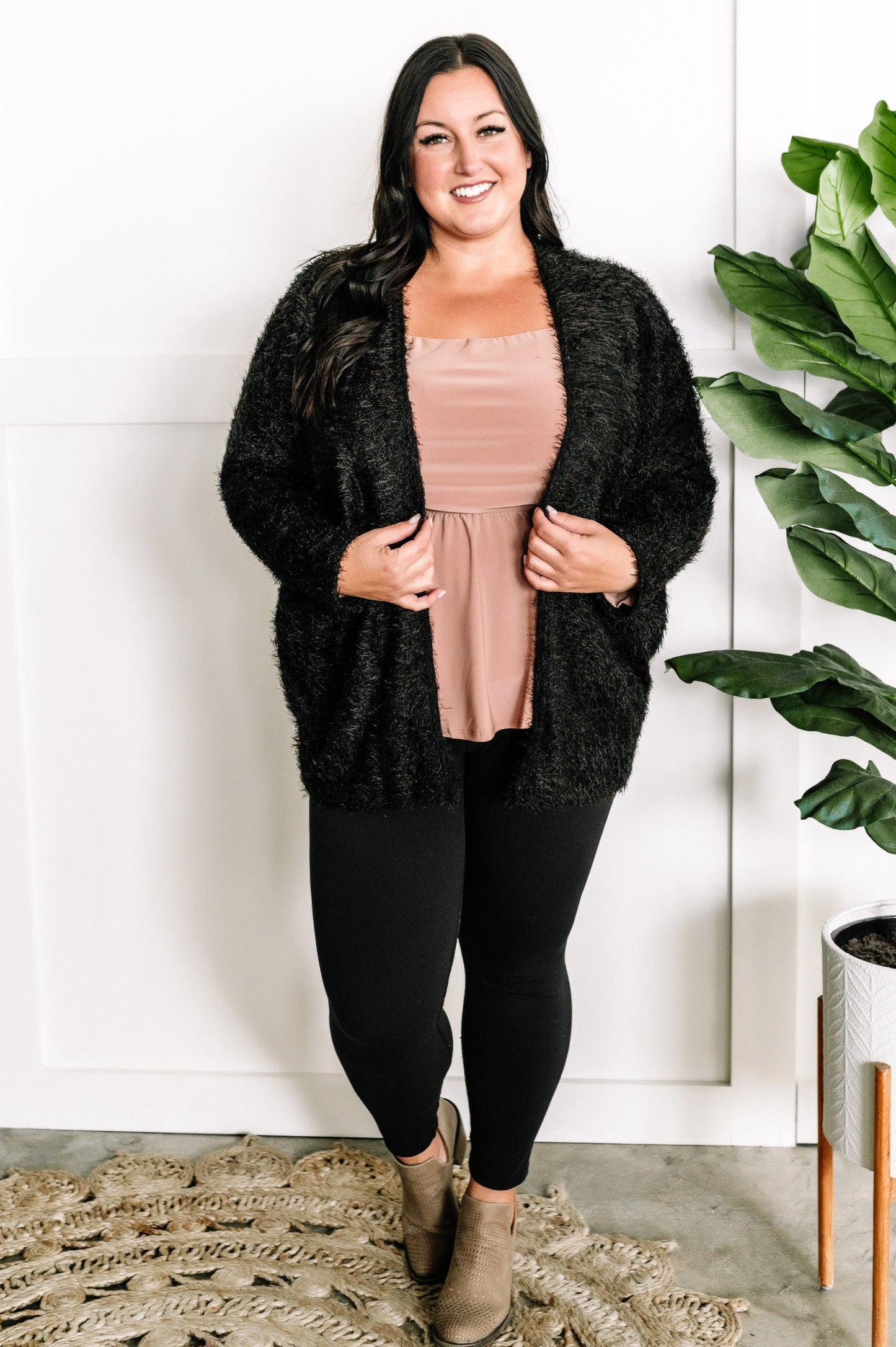 Open Front Feather Cardigan In Black