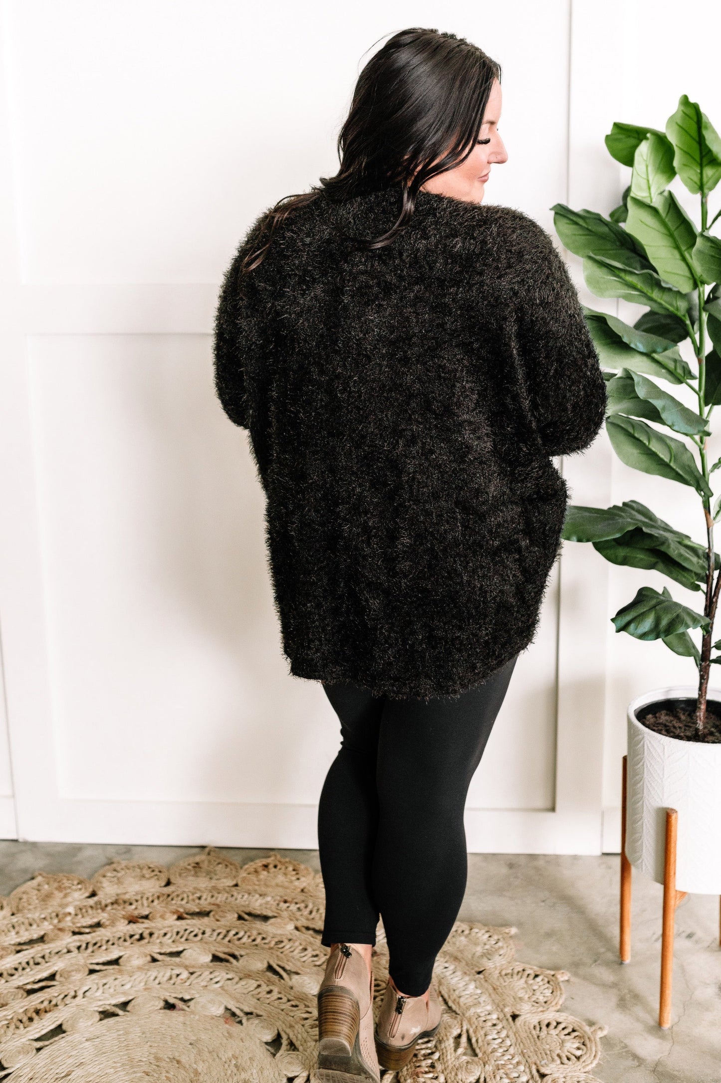 Open Front Feather Cardigan In Black