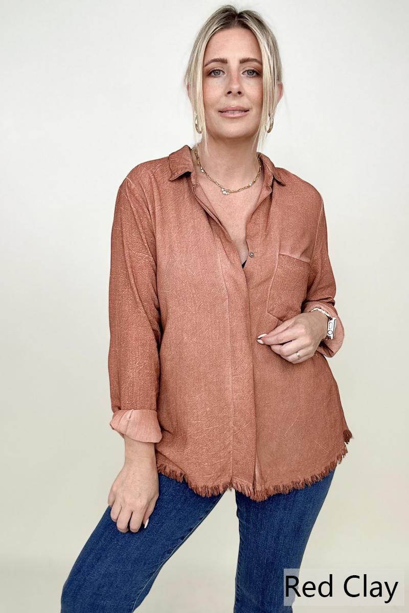 Umgee Button Down Boyfriend Shirt With Frayed Hem