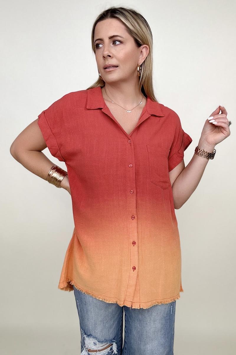 Umgee Linen Blend Bleach Dip Dye Button Down Top