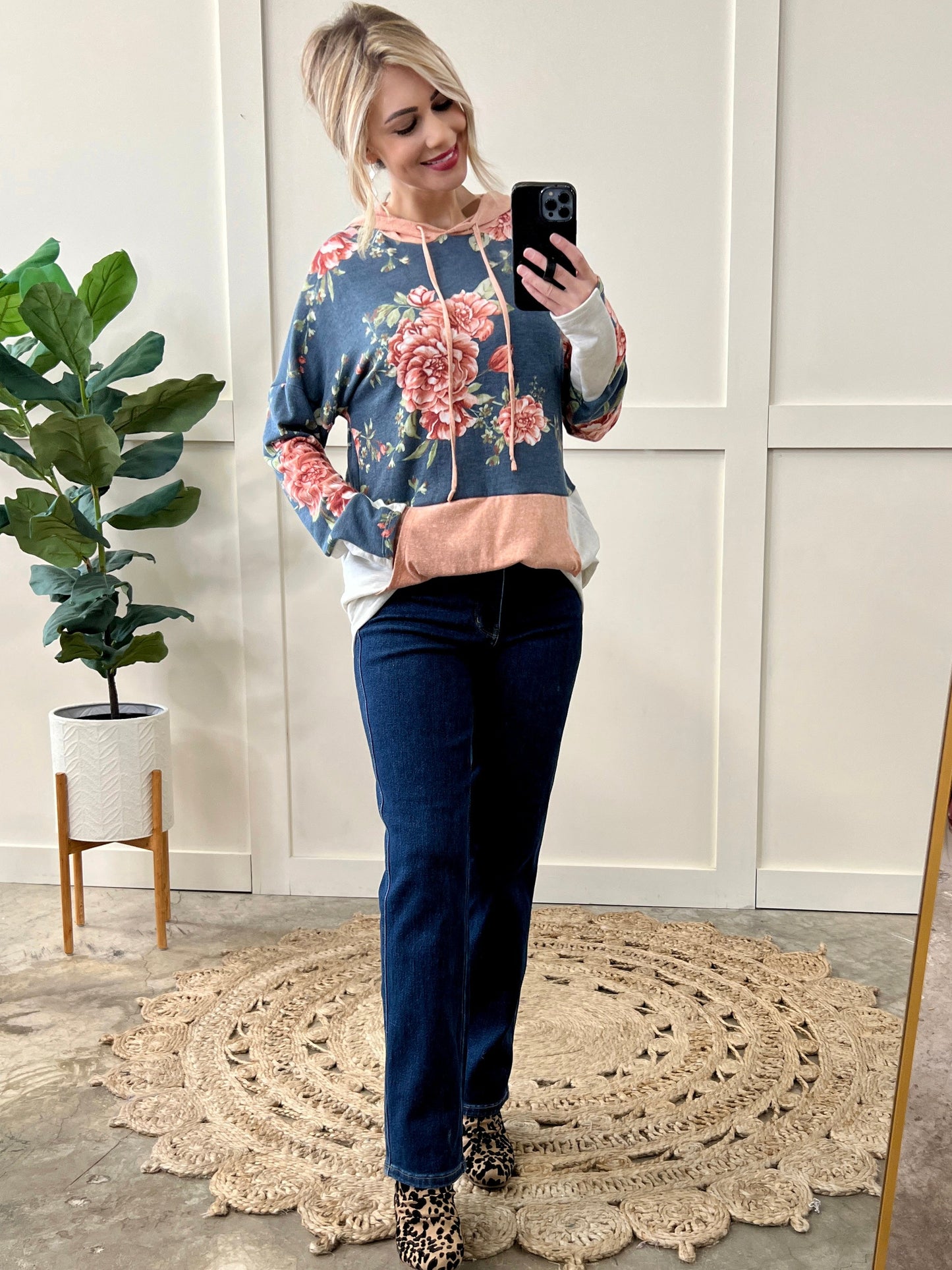 Color Block Long Sleeve Hoodie In Navy Florals