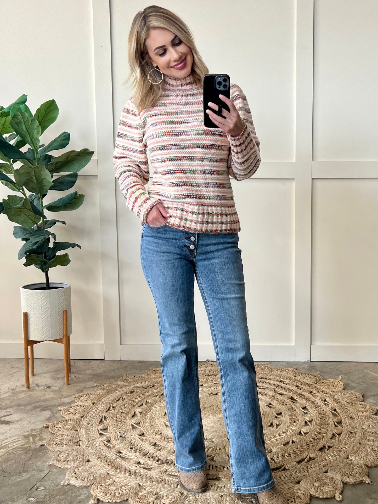 Mock Neck Knit Sweater In Multi Color Stripes