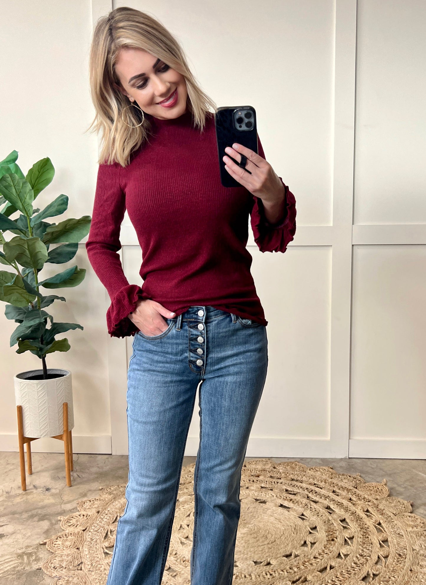 Mock Neck Bell Sleeve Knit Top In Heathered Burgundy