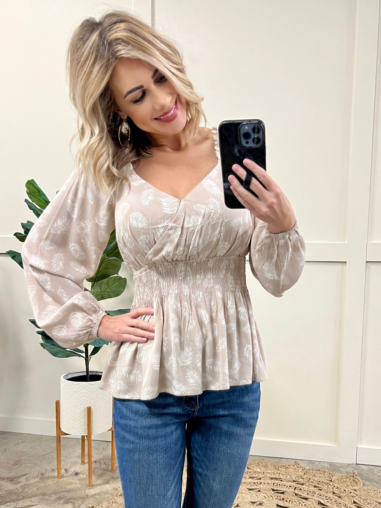 Beige Surplice Front Peplum Top In Feather