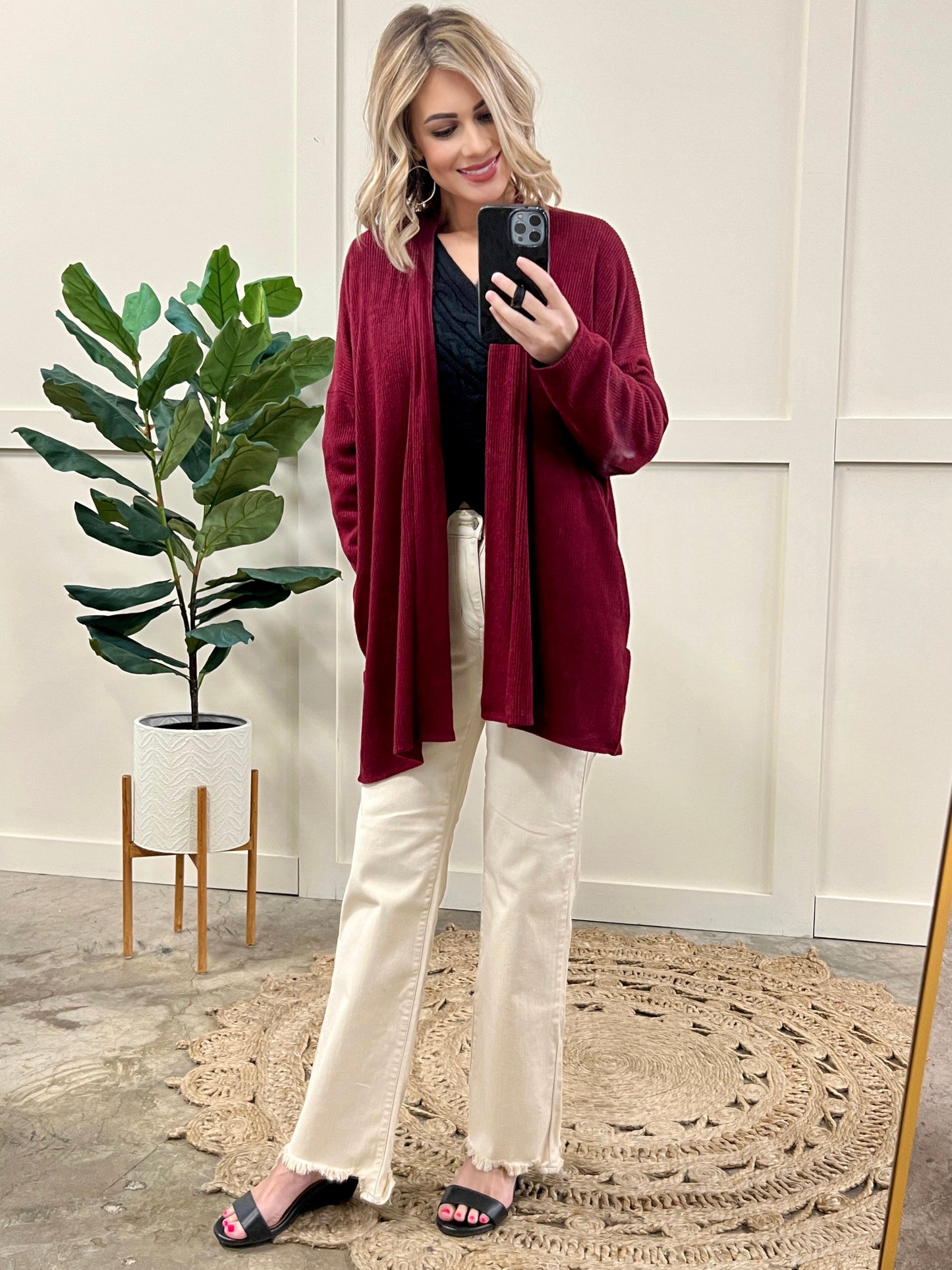 Cashmere Soft Open Front Cardigan With Pockets In Rich Heathered Burgundy