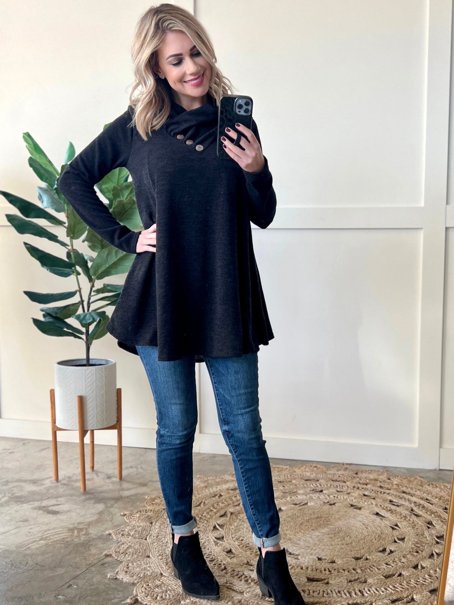 Crossover Cowl Neck Fit & Flare Tunic Sweater In Black