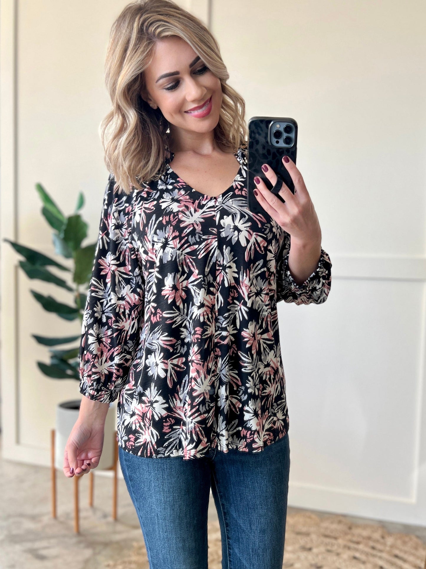 V Neck Blouse With Ruffle Detail In Abstract Florals