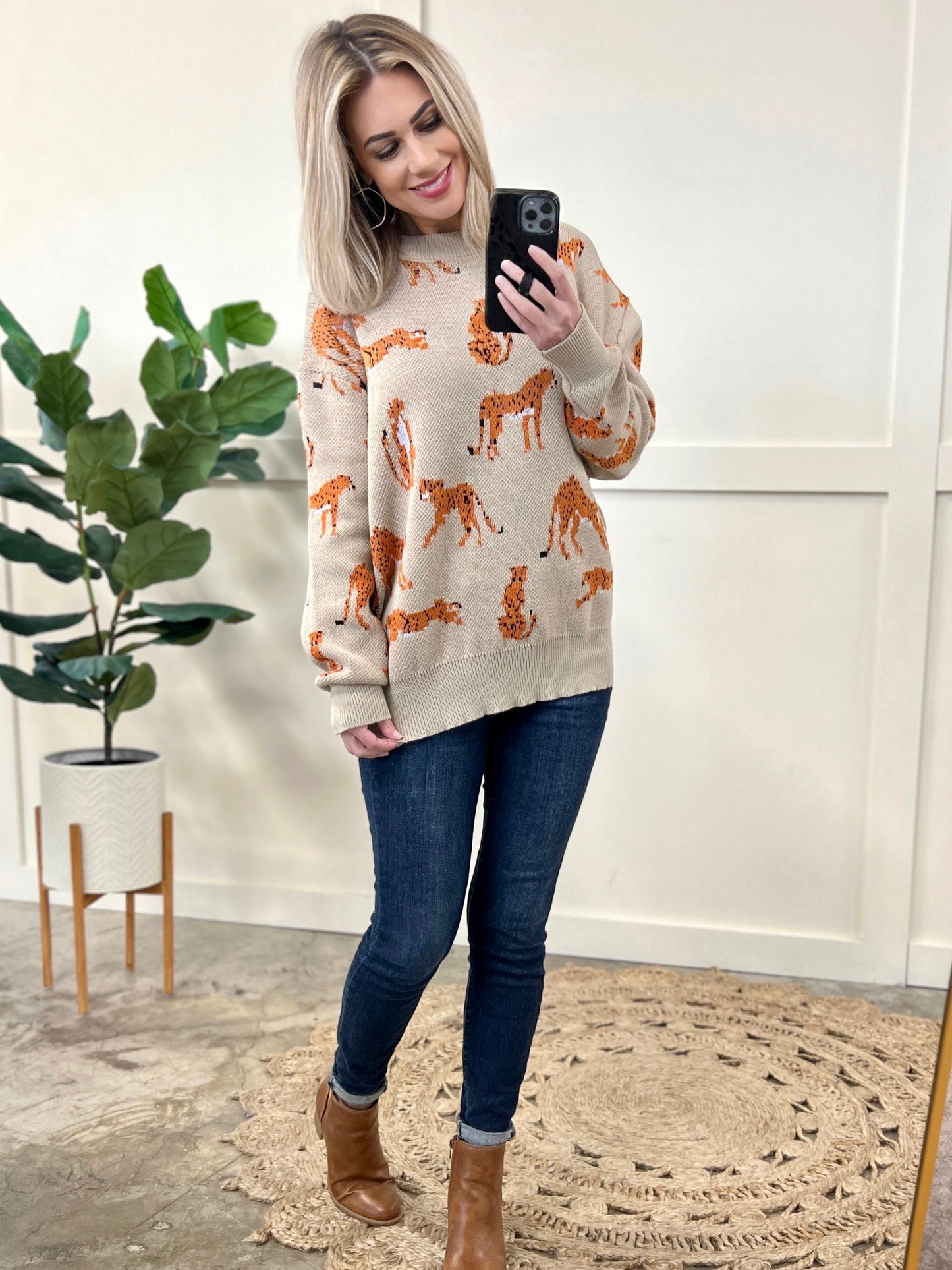 Oversized Cheetah Print Sweater In Soft Beige
