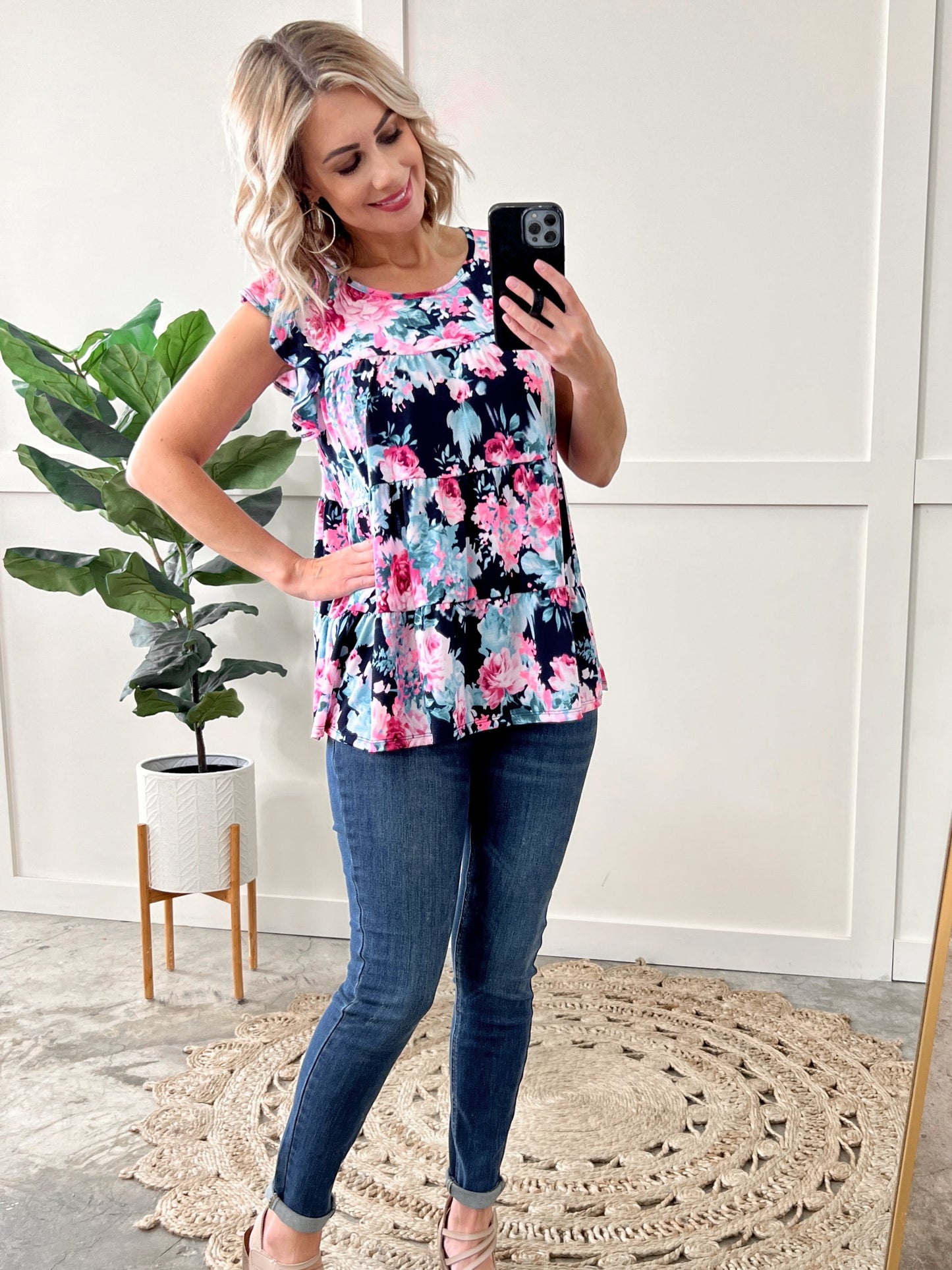 Tiered Floral Tunic Top In Neon Pink & Navy