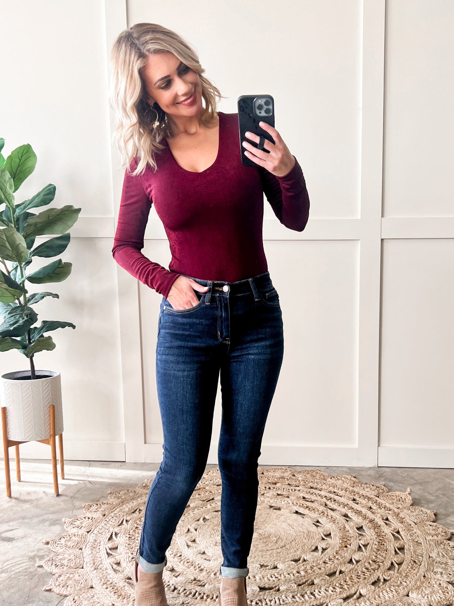 Long Sleeve V Neck Bodysuit In Ruby