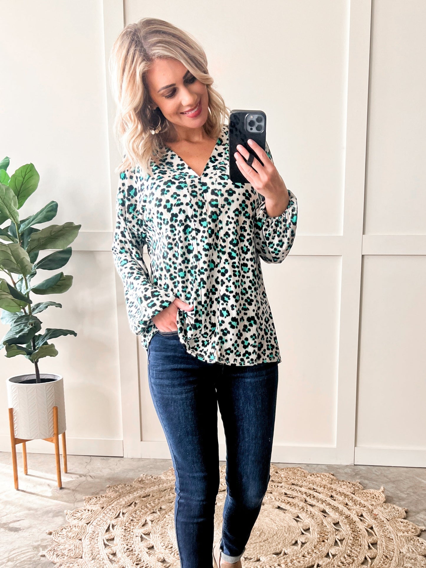 V Neck Top In Jade Animal Print