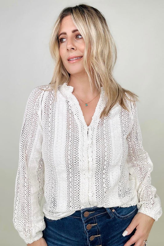 Deep V Long Sleeve Button Up Lace Top