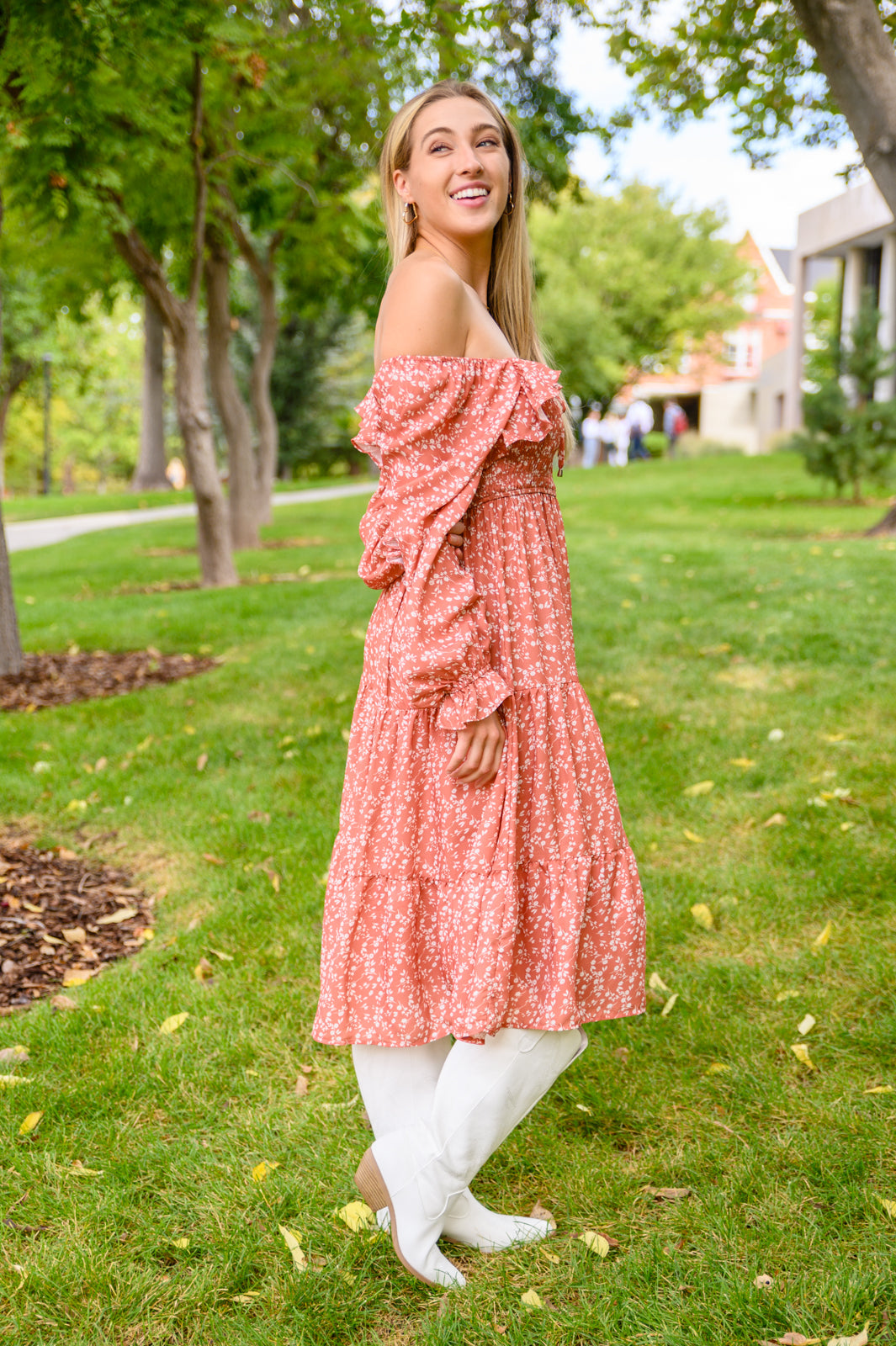 Now Is Your Chance Floral Midi Dress In Rust