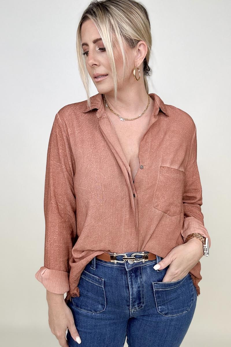 Umgee Button Down Boyfriend Shirt With Frayed Hem