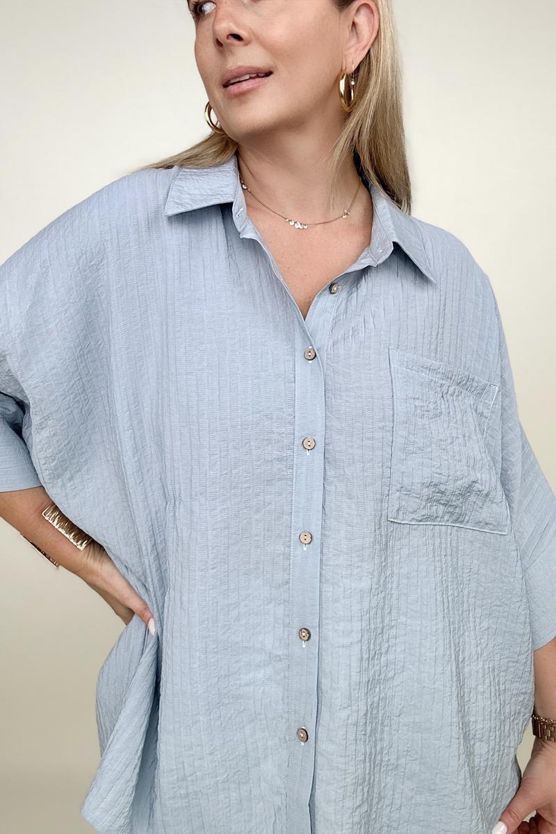 Umgee Pleated Batwing Short Sleeve Button Up Top