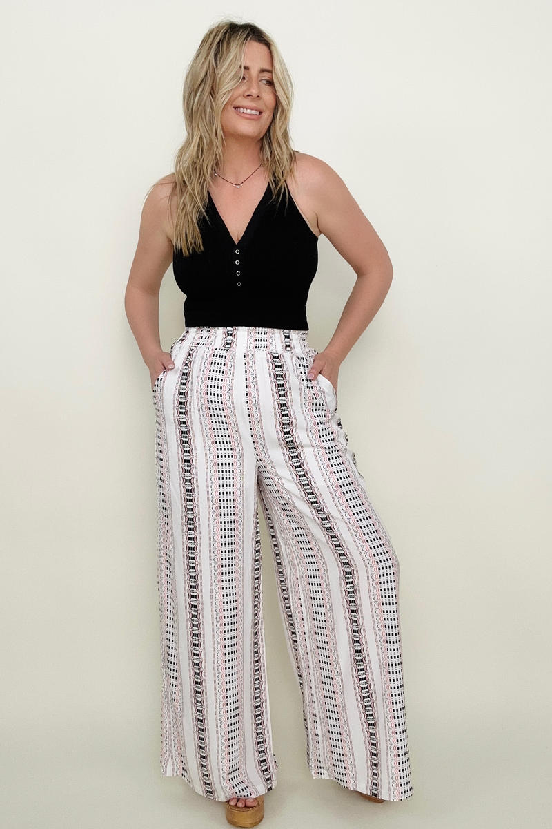 Geo Stripe Smocked Waist Wide Leg Pants