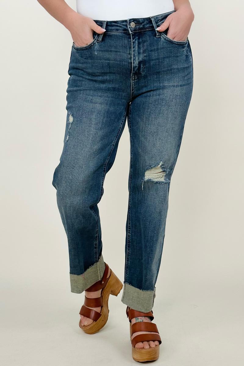 Judy Blue Mid-Rise Destroy & Single Cuff Dad Jean Straight Jeans