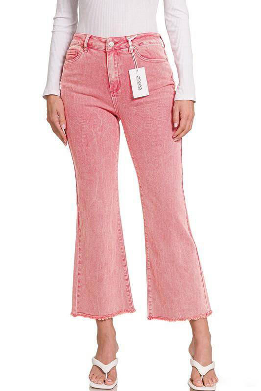 Zenana Acid Washed High Waist Frayed Hem Cropped Kick Flare Jeans