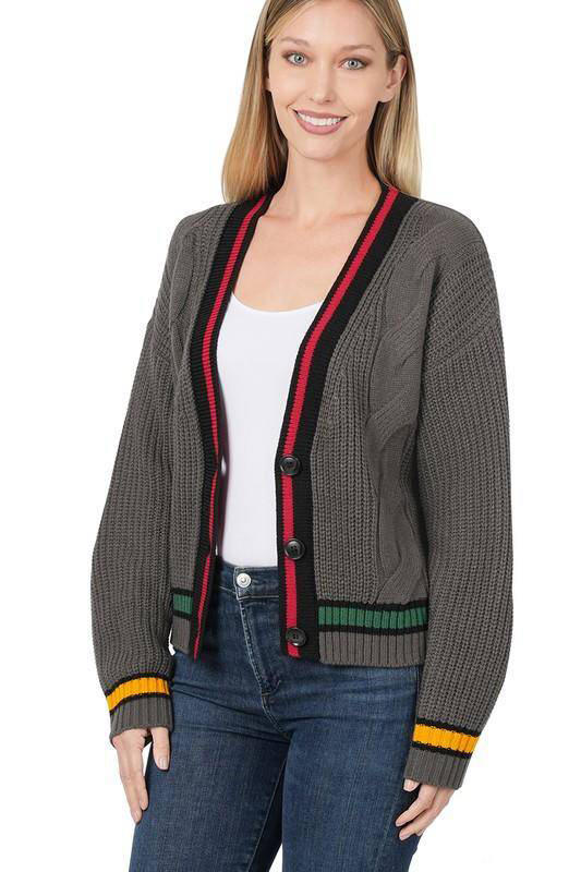 Zenana Contrast Trim Cable Knit Cardigan