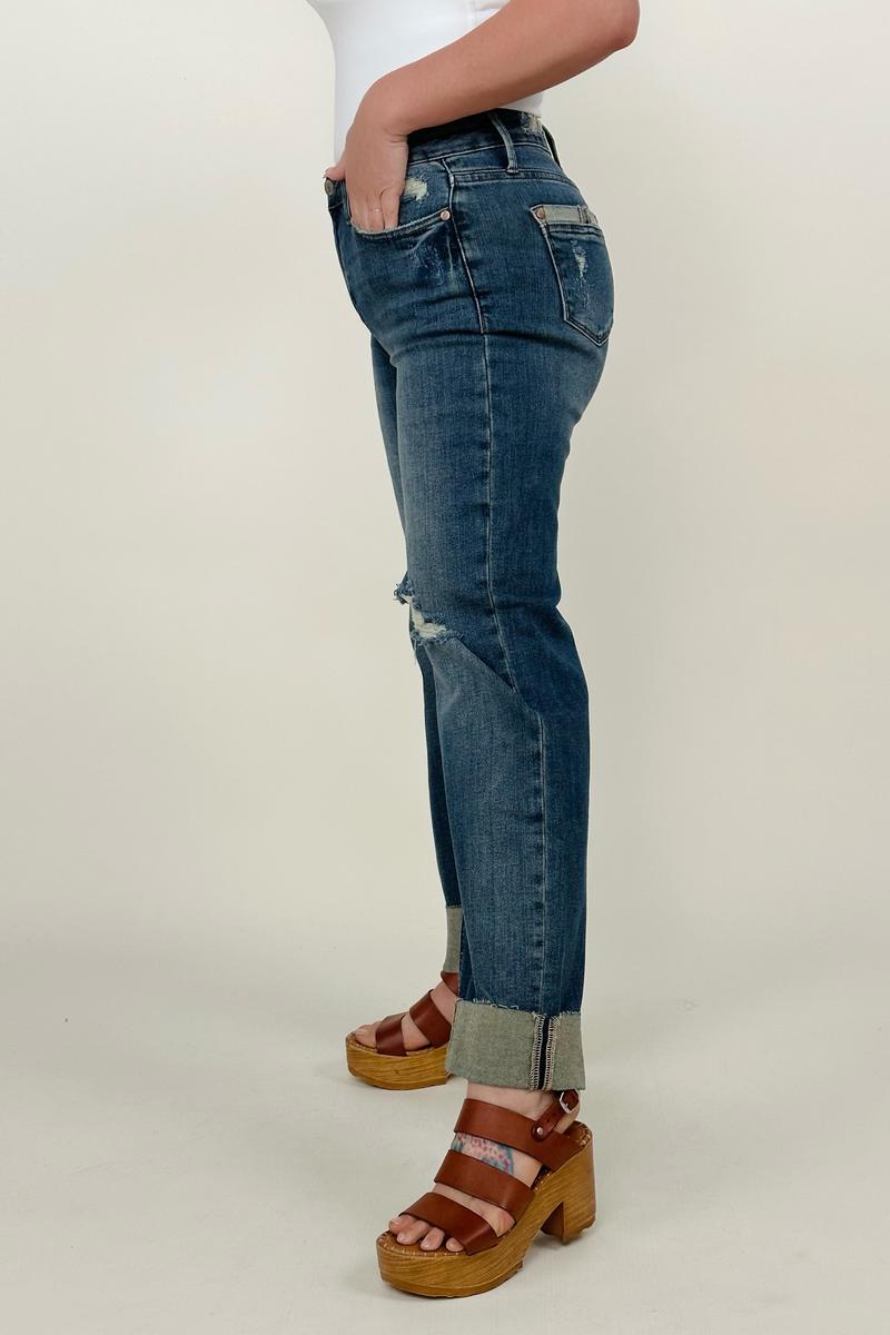 Judy Blue Mid-Rise Destroy & Single Cuff Dad Jean Straight Jeans