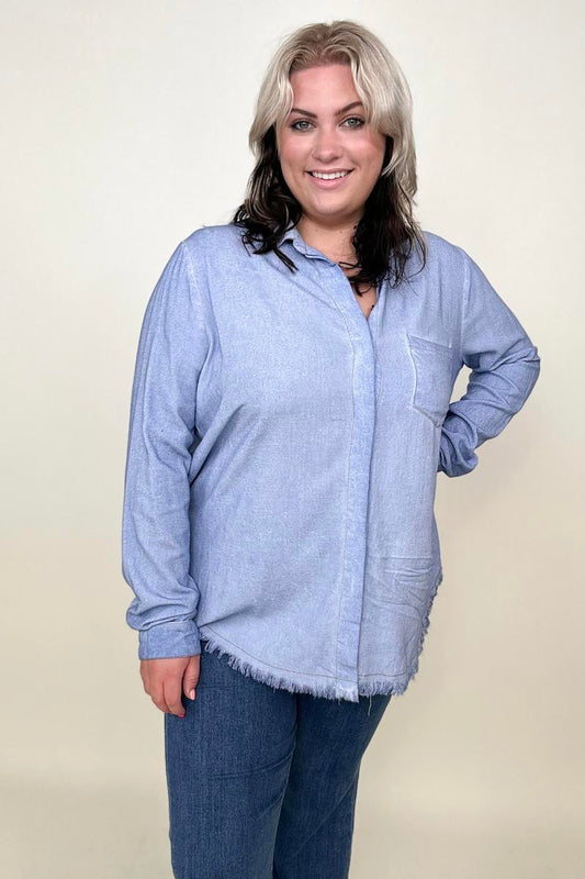 Umgee Button Down Boyfriend Shirt With Frayed Hem