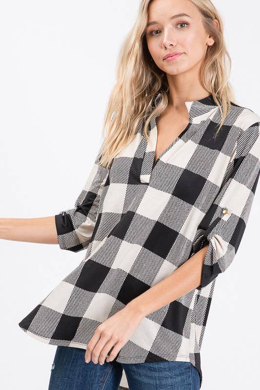 HEIMISH - ST1002-14 ROLL UP BUTTON SLEEVE PLAID TOP