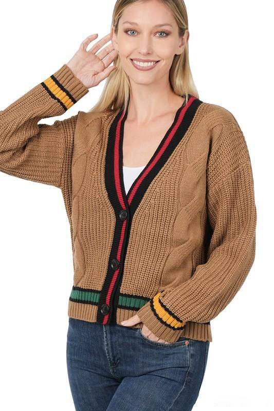 Zenana Contrast Trim Cable Knit Cardigan